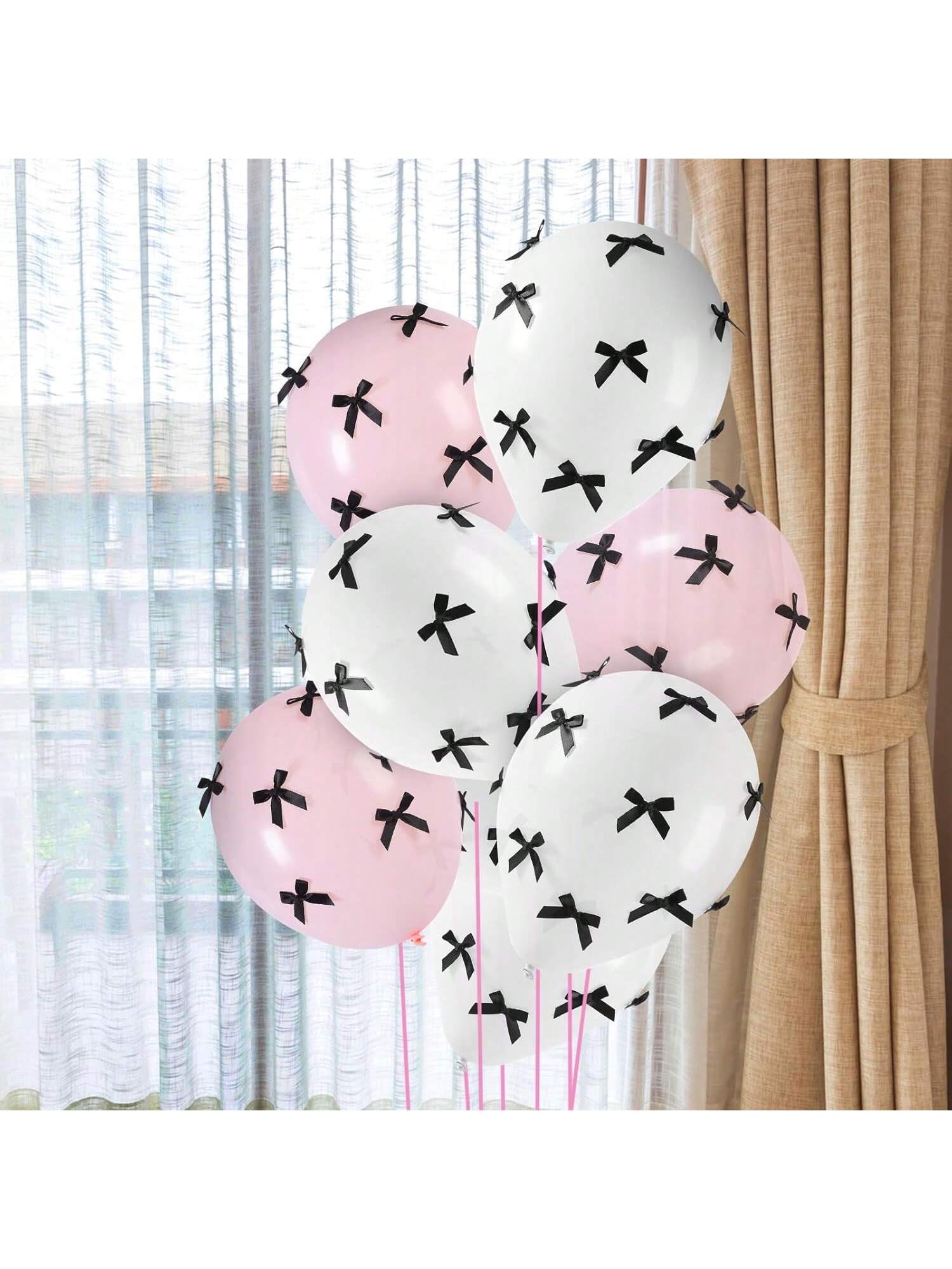 24pcs Black 12 Inch Balloons with 200 Pink White Bows Coquette Party Decor