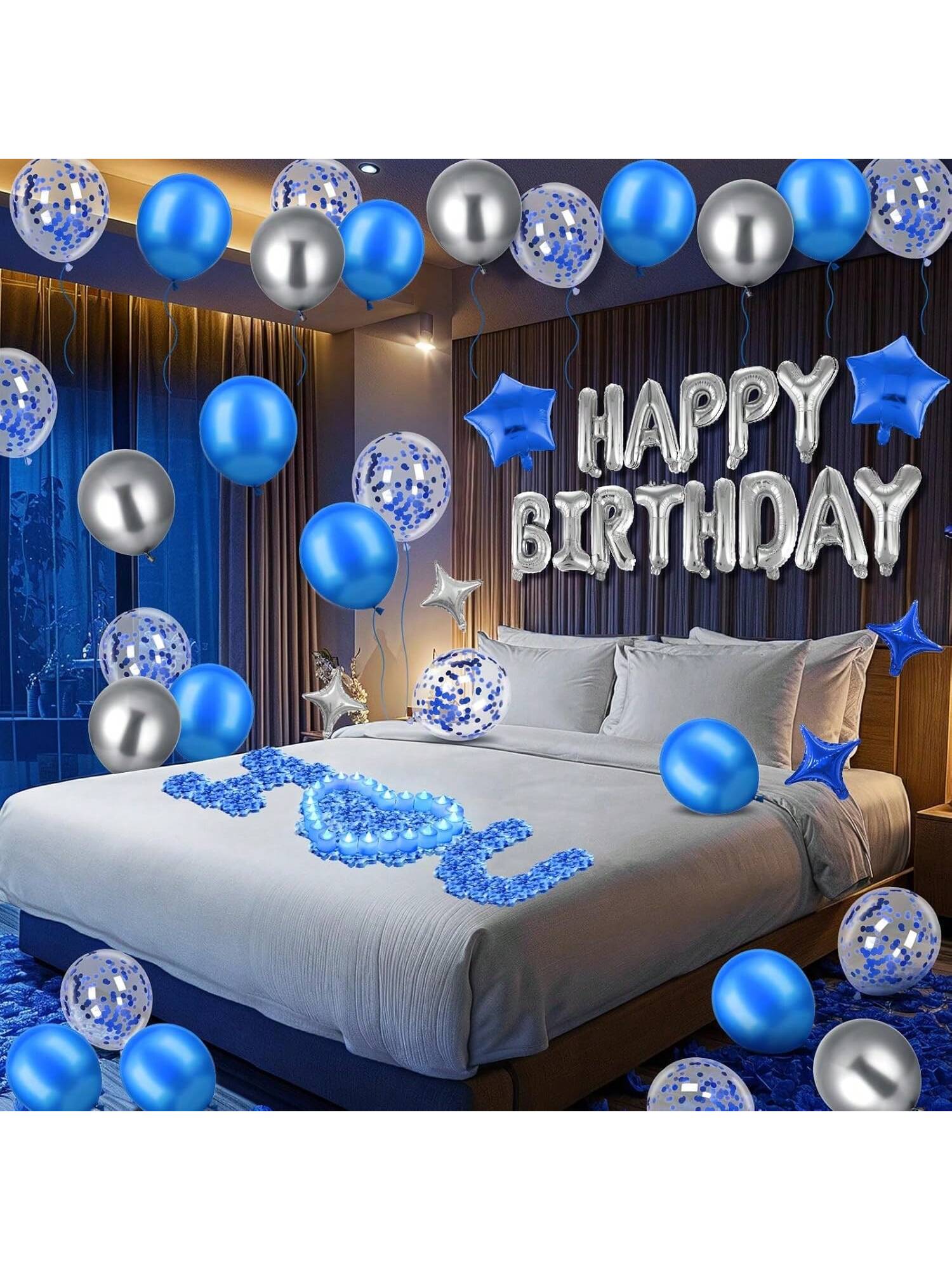 Blue Birthday Balloon Set with Banner Star Balloons and LED Candles