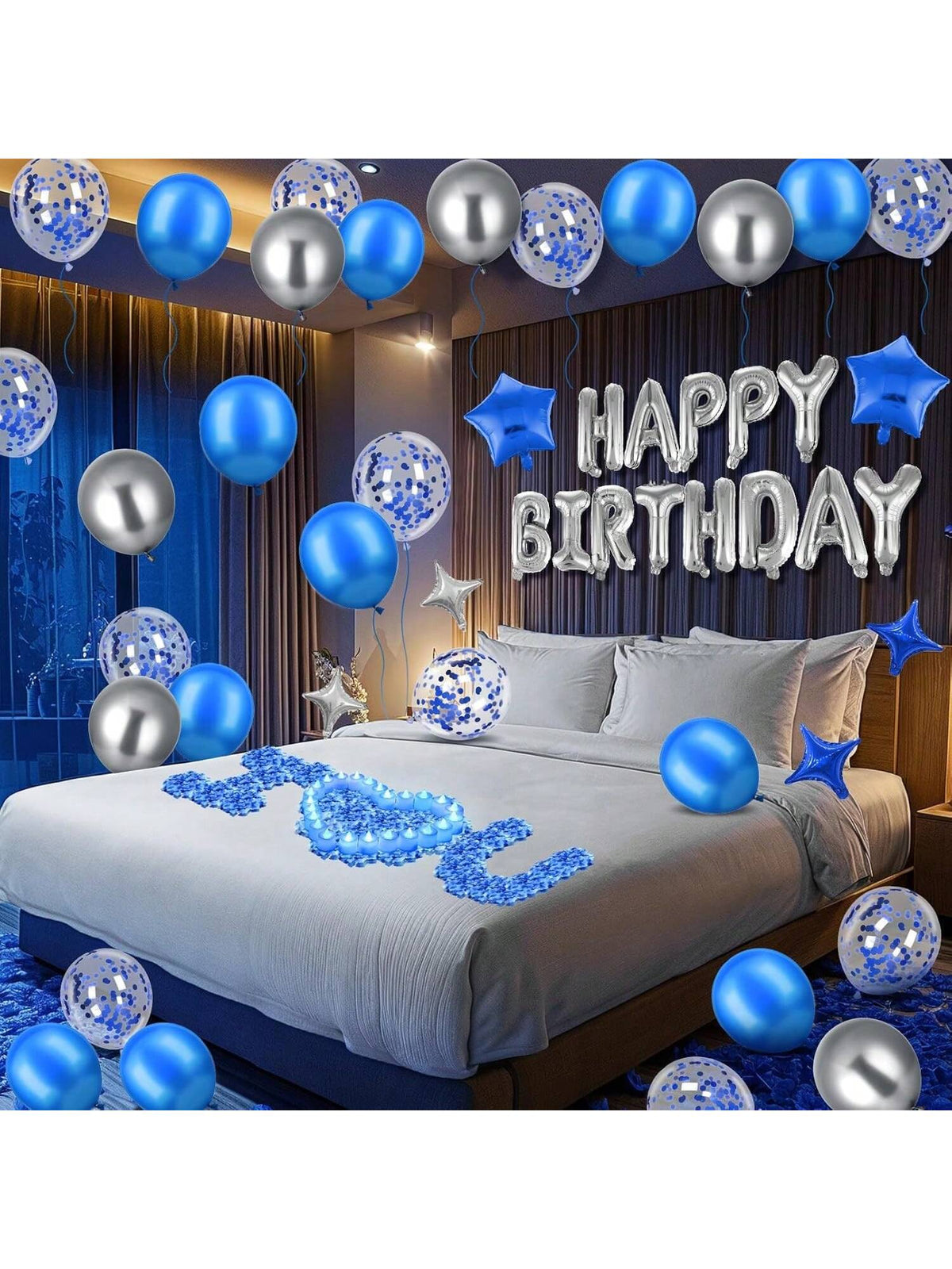 Blue Birthday Balloon Set with Banner Star Balloons and LED Candles
