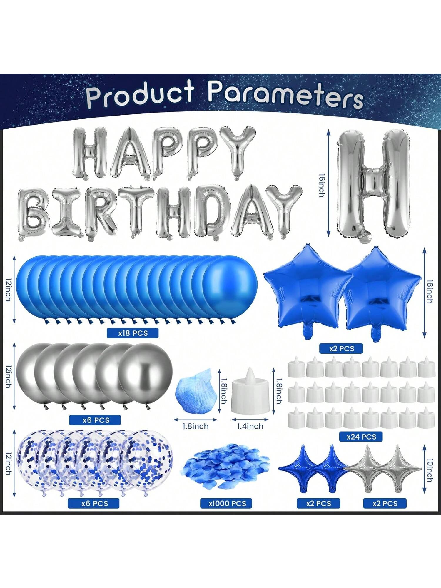 Blue Birthday Balloon Set with Banner Star Balloons and LED Candles