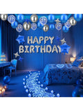 Blue Birthday Balloon Set with Banner Star Balloons and LED Candles