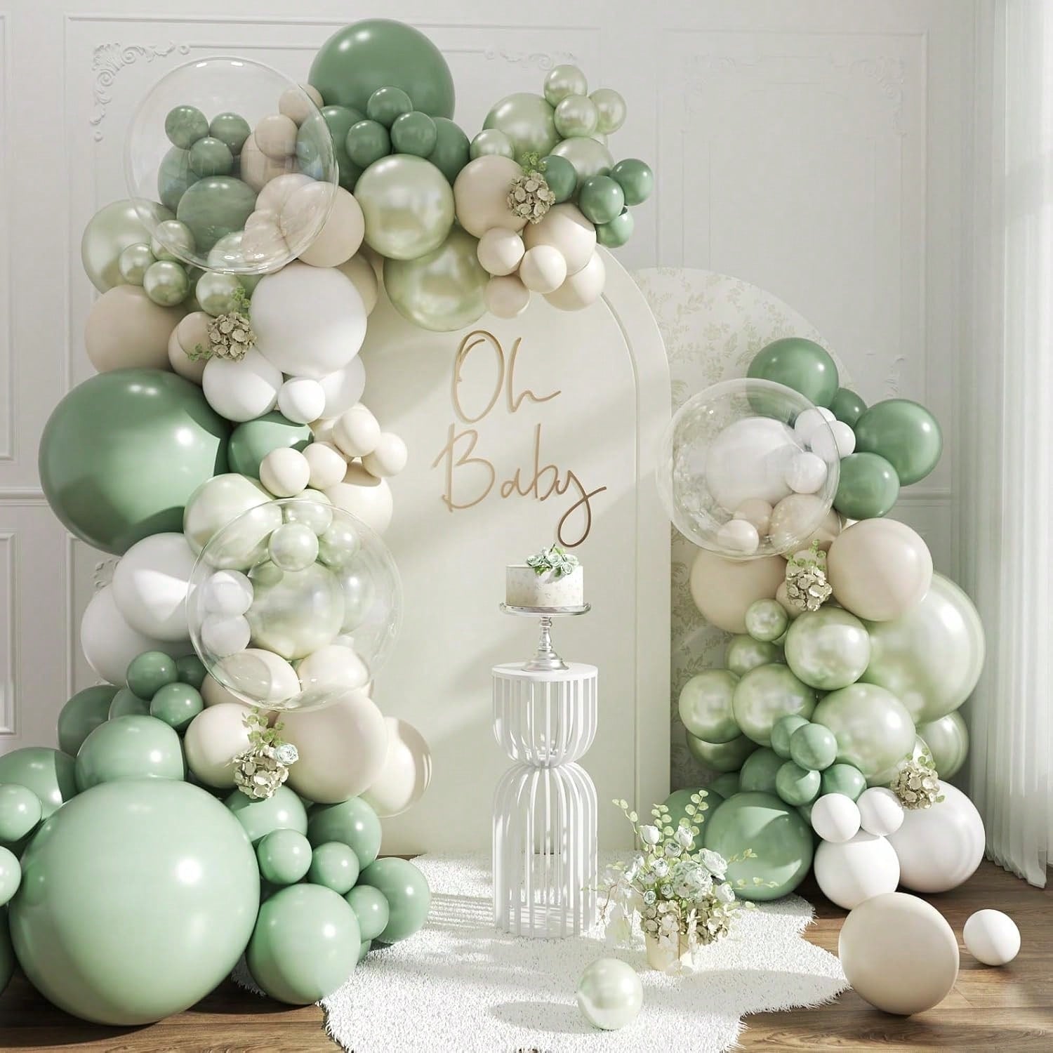 108pcs Sage Green Balloon Arch Kit Pearl Green Sand White Clear Balloons