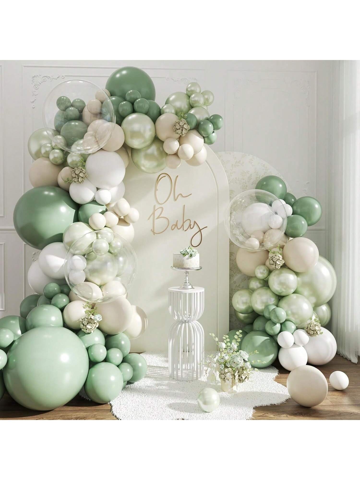 108pcs Sage Green Balloon Arch Kit Pearl Green Sand White Clear Balloons