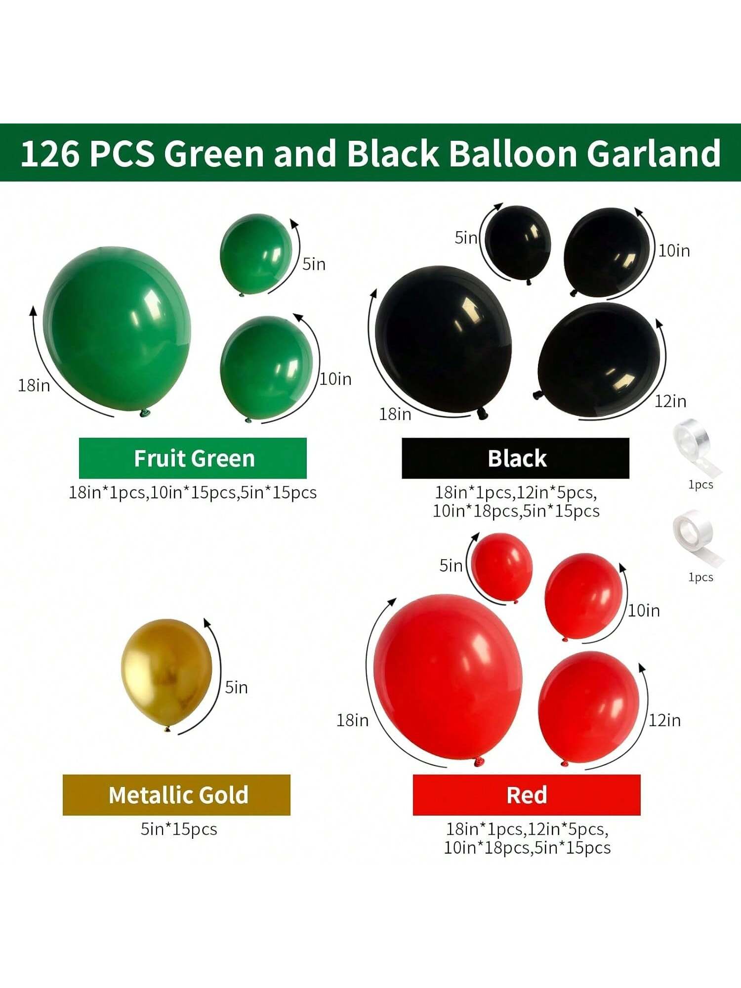 Balloon Garland Kit 126 pcs Red Green Black Gold Latex for Birthday Christmas