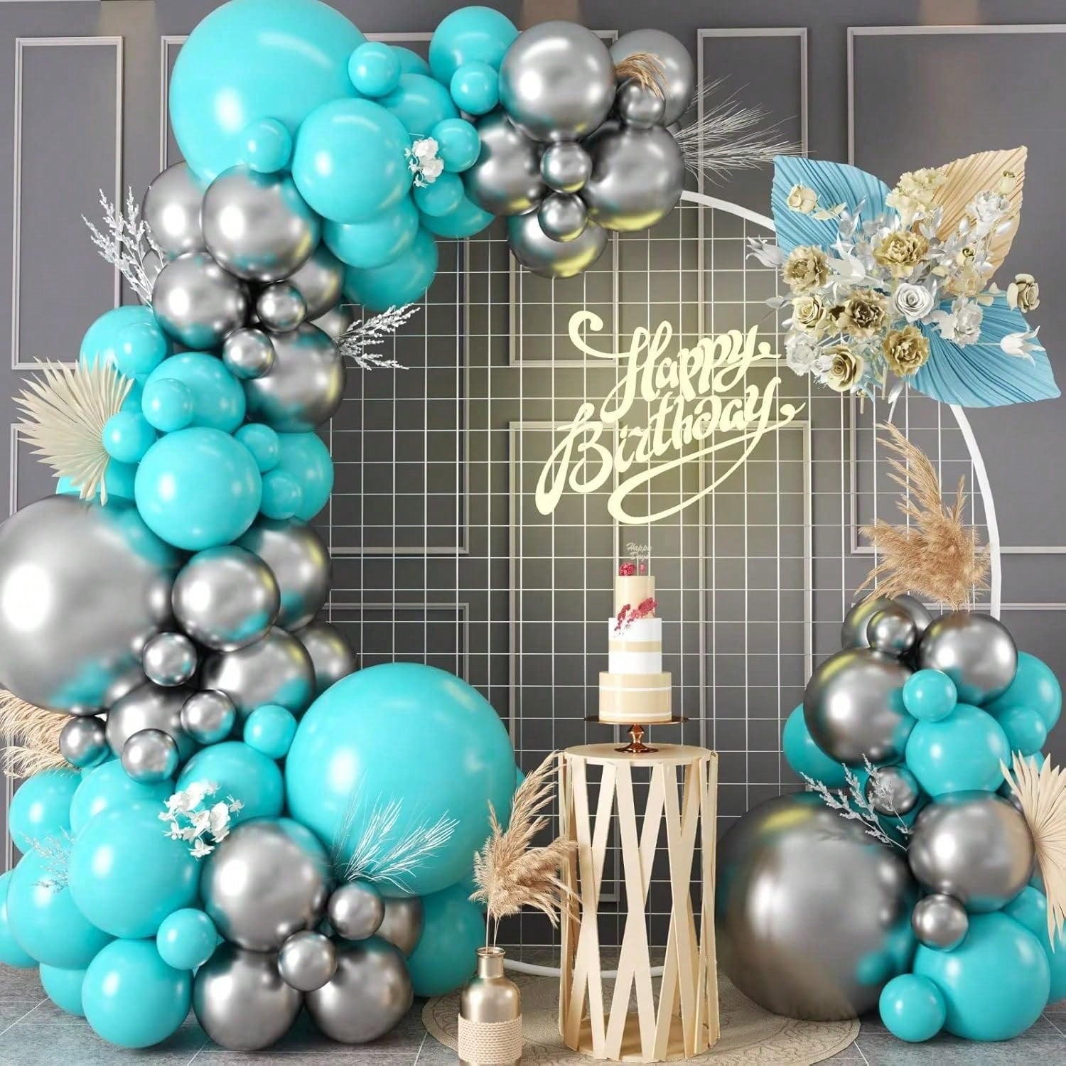 100PCS Teal Balloon Garland Kit Metallic Silver & Teal Party Decorations