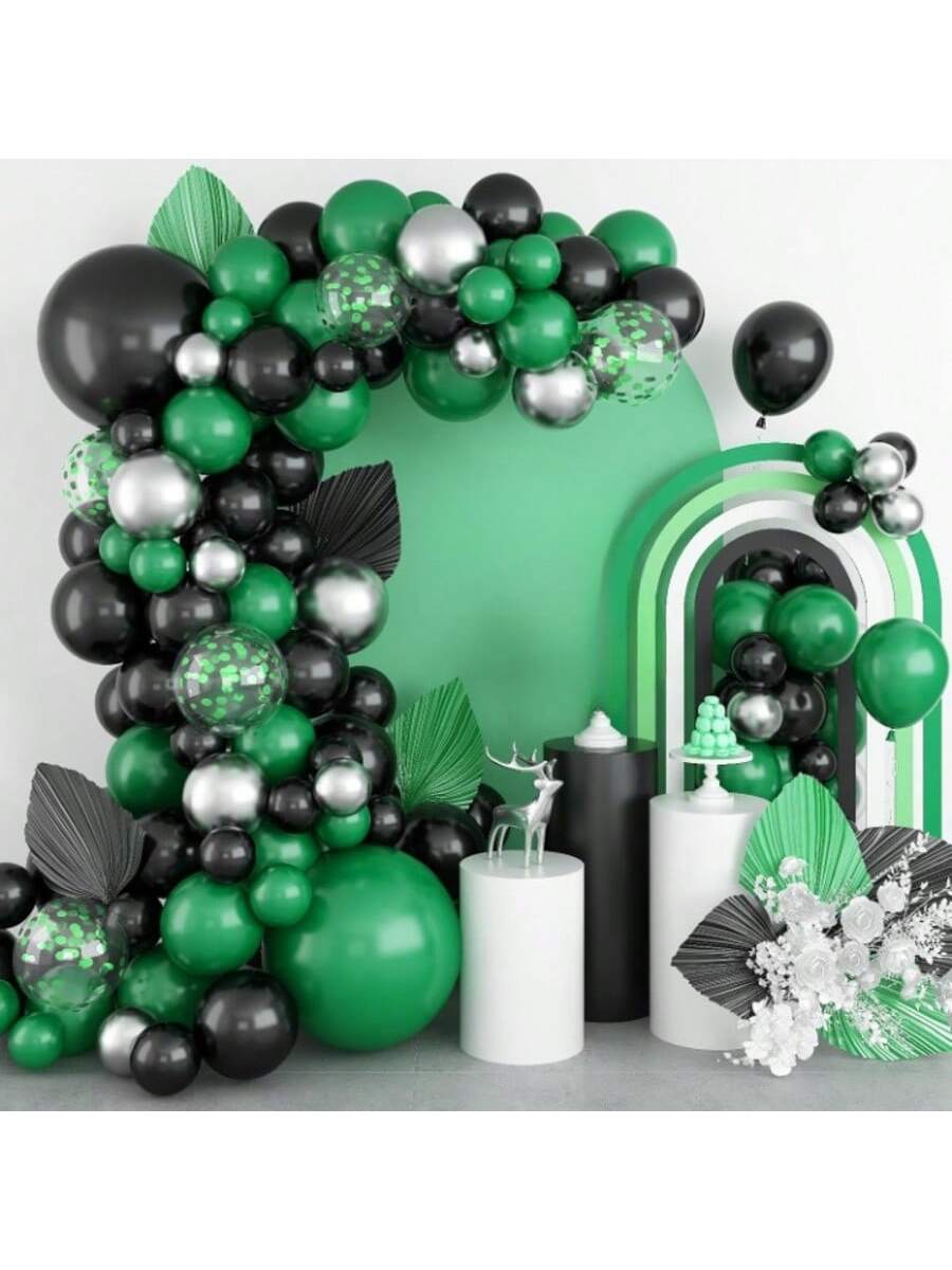 Black & Green Balloon Garland Kit with Silver Confetti for Parties