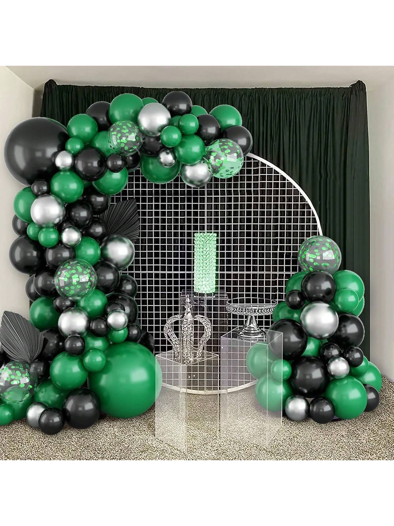 Black & Green Balloon Garland Kit with Silver Confetti for Parties