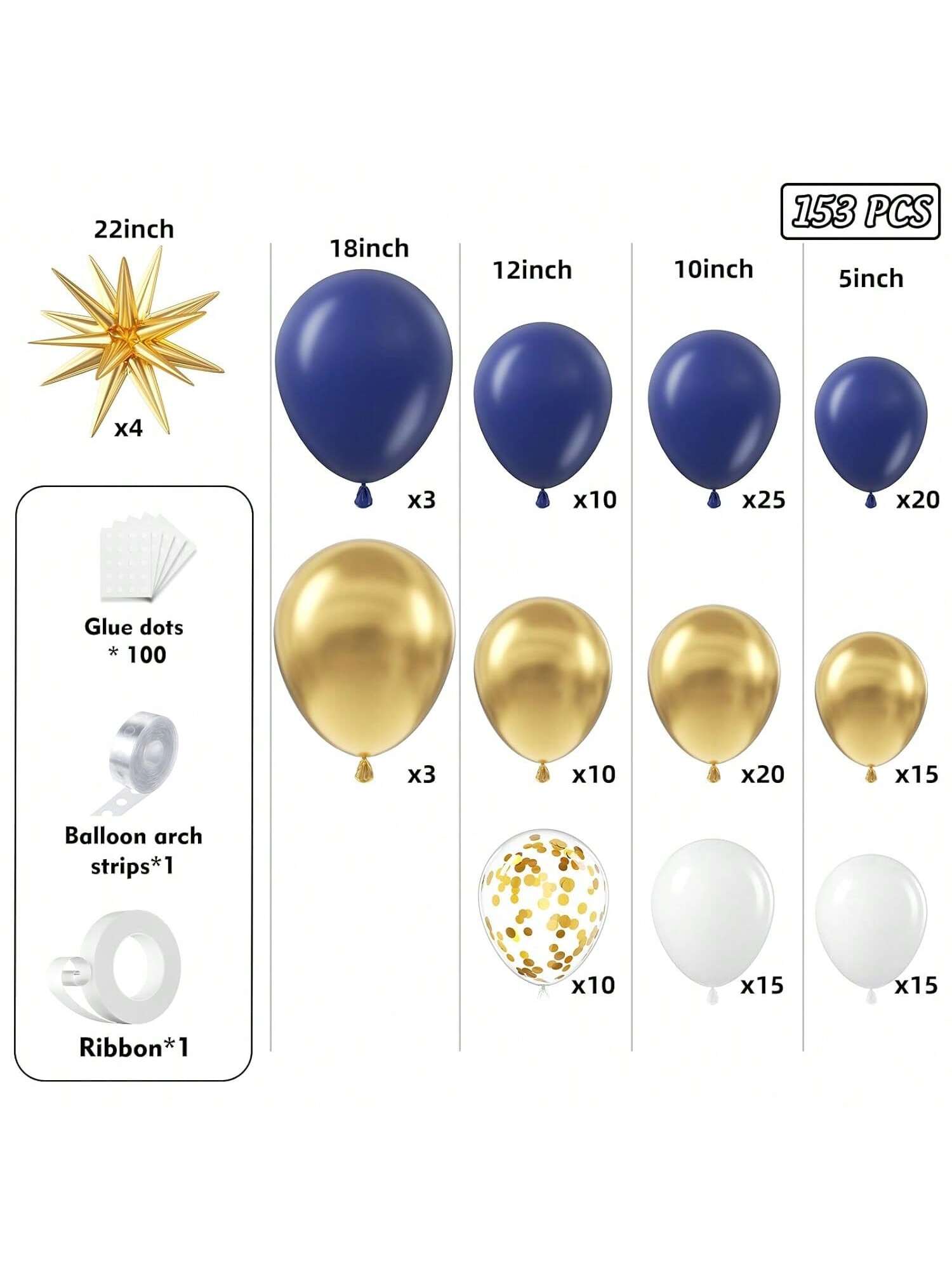 153pcs Navy Blue Gold Balloon Garland Kit Stars Confetti for Graduation Baby Shower
