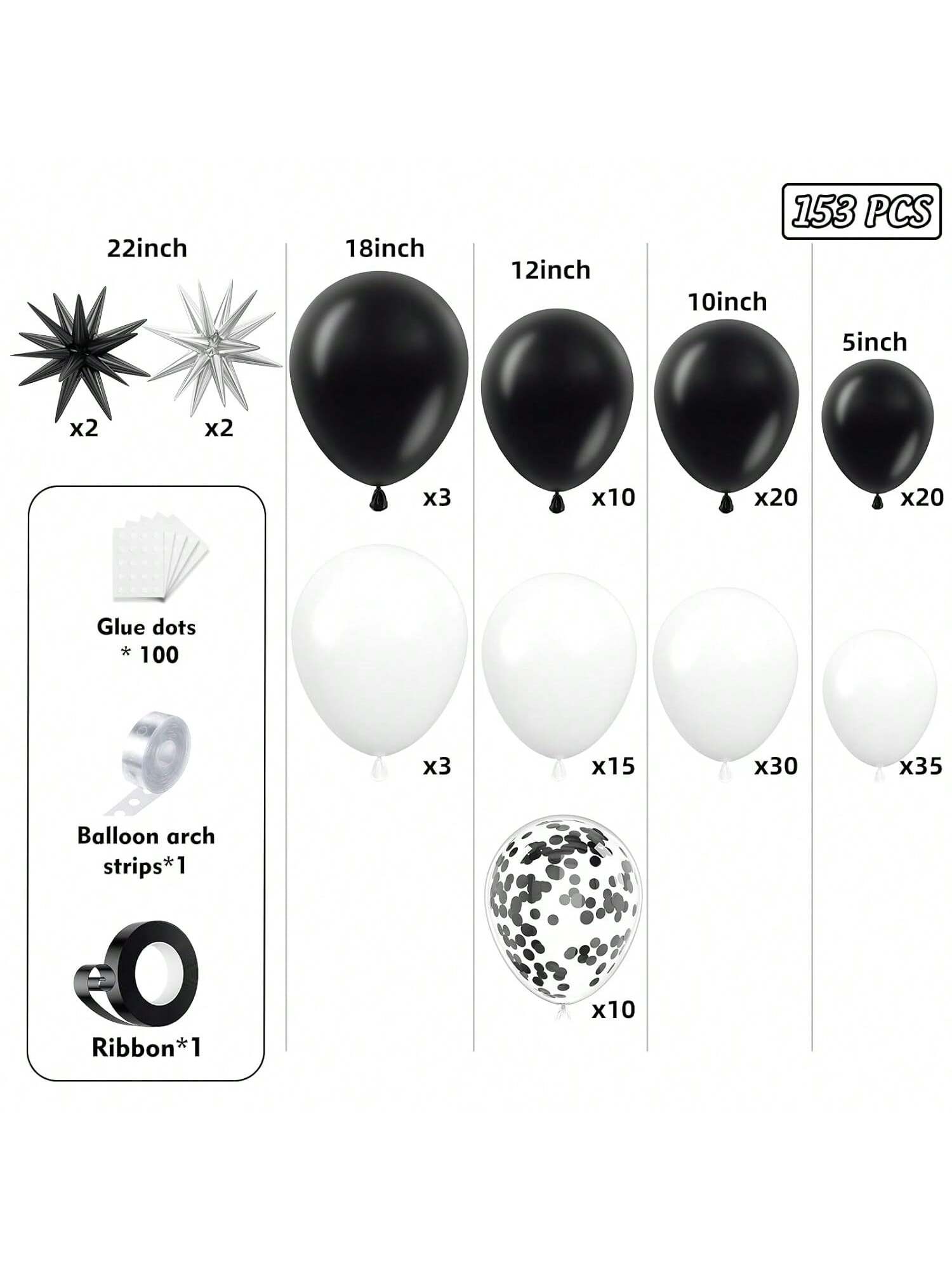 153pcs Black White Balloon Garland Kit Stars Confetti for Birthday Wedding Party