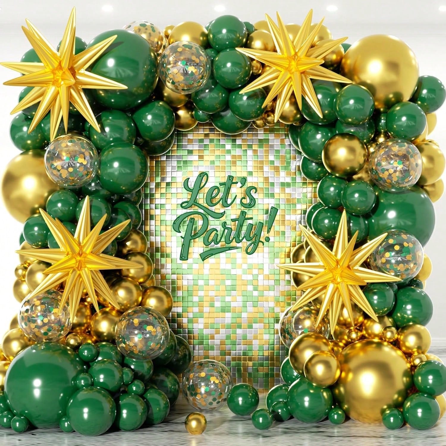 153pcs Green Gold Balloon Arch Kit Mixed Sizes Stars Confetti for Jungle Party
