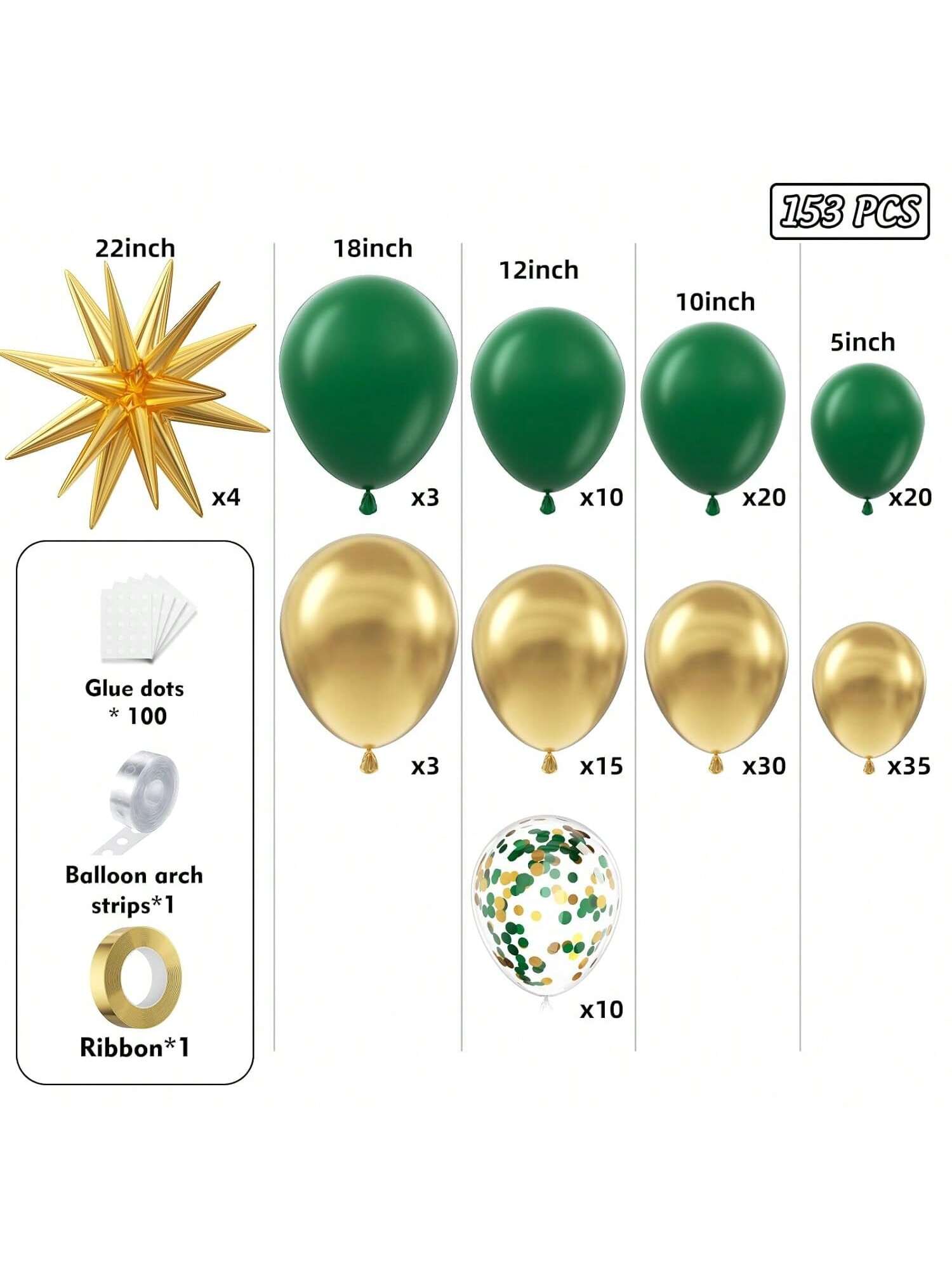 153pcs Green Gold Balloon Arch Kit Mixed Sizes Stars Confetti for Jungle Party