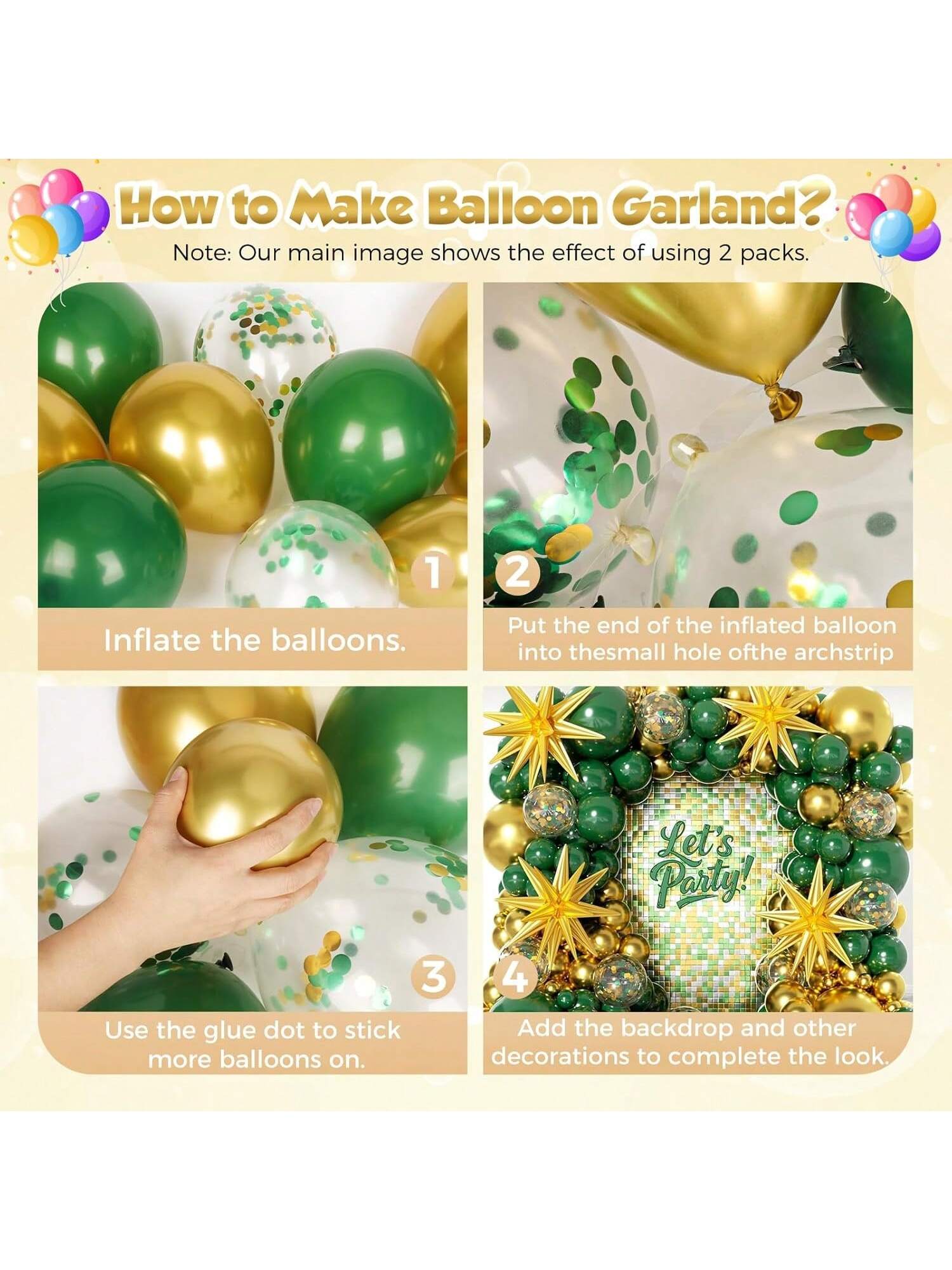 153pcs Green Gold Balloon Arch Kit Mixed Sizes Stars Confetti for Jungle Party