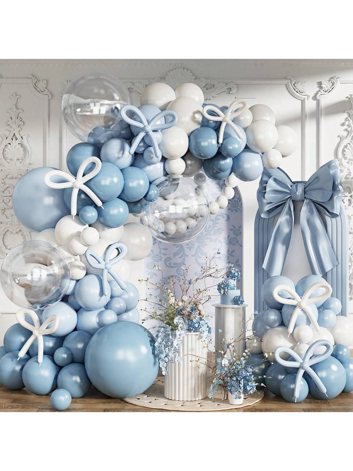 Dusty Blue Balloon Arch Kit 134 pcs Slate Baby Blue White Clear with Bow Decor