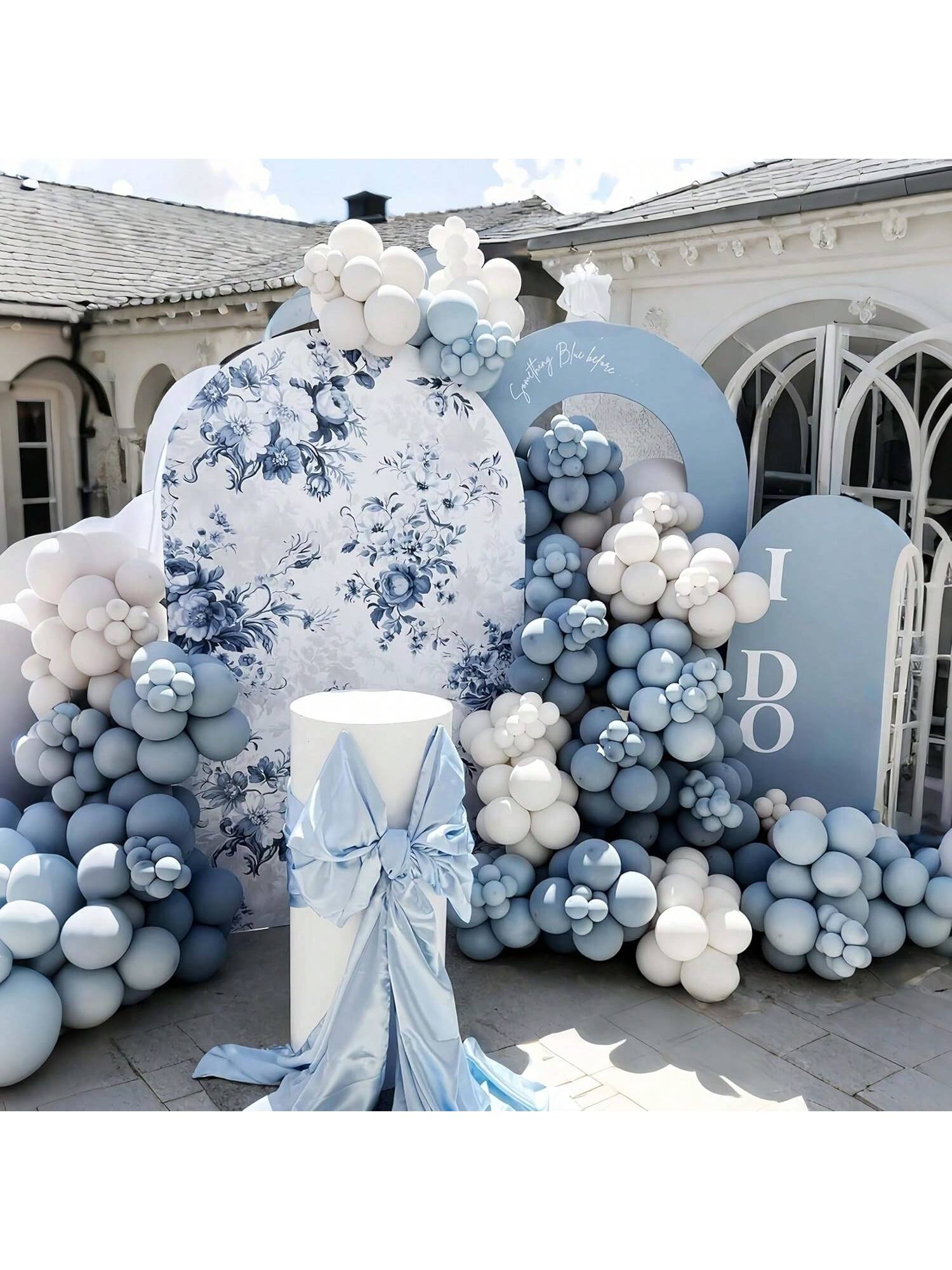 Dusty Blue Balloon Arch Kit 134 pcs Slate Baby Blue White Clear with Bow Decor