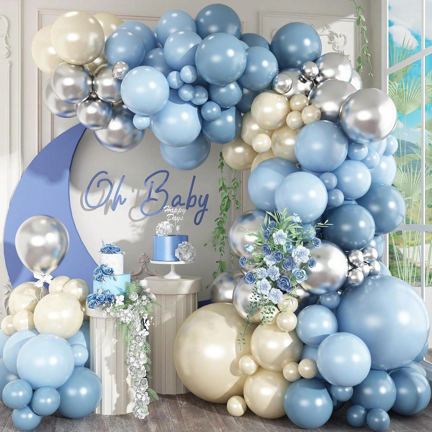 Dusty Blue Balloon Arch Kit 125 pcs Light Blue Sand White Silver Party Decor