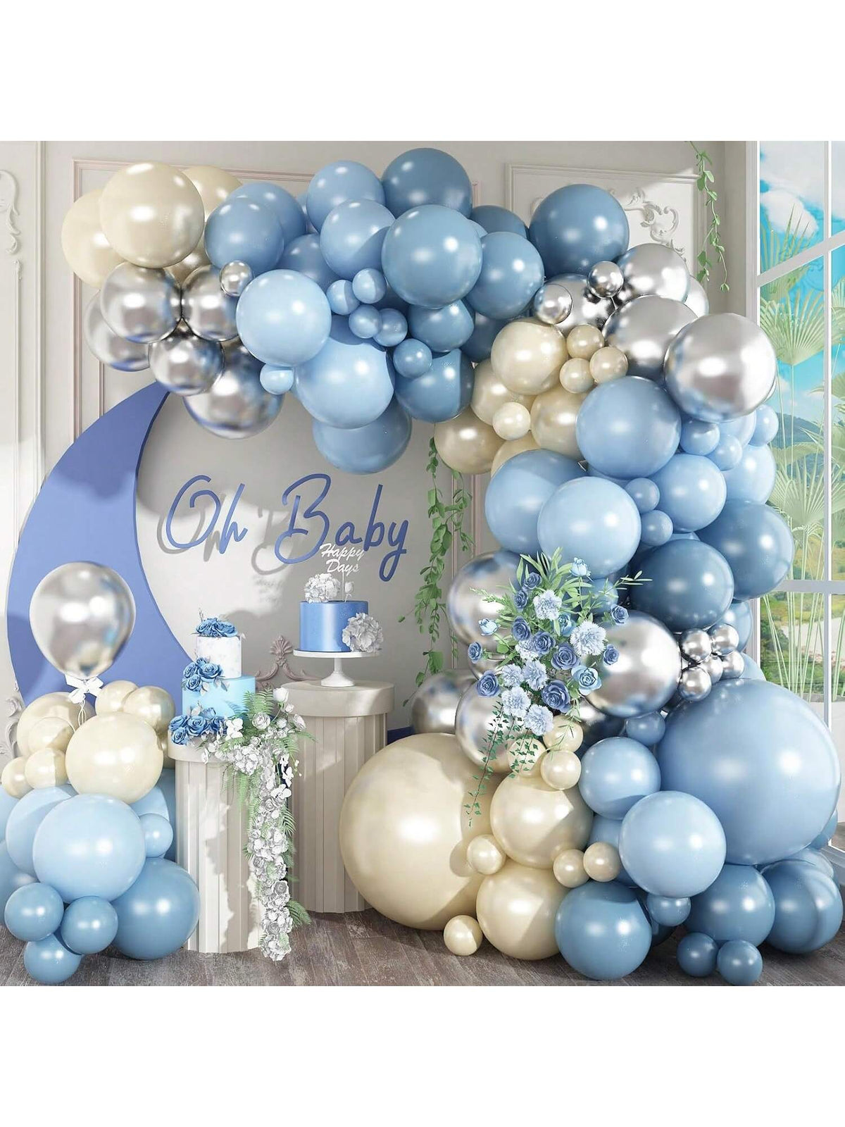 Dusty Blue Balloon Arch Kit 125 pcs Light Blue Sand White Silver Party Decor