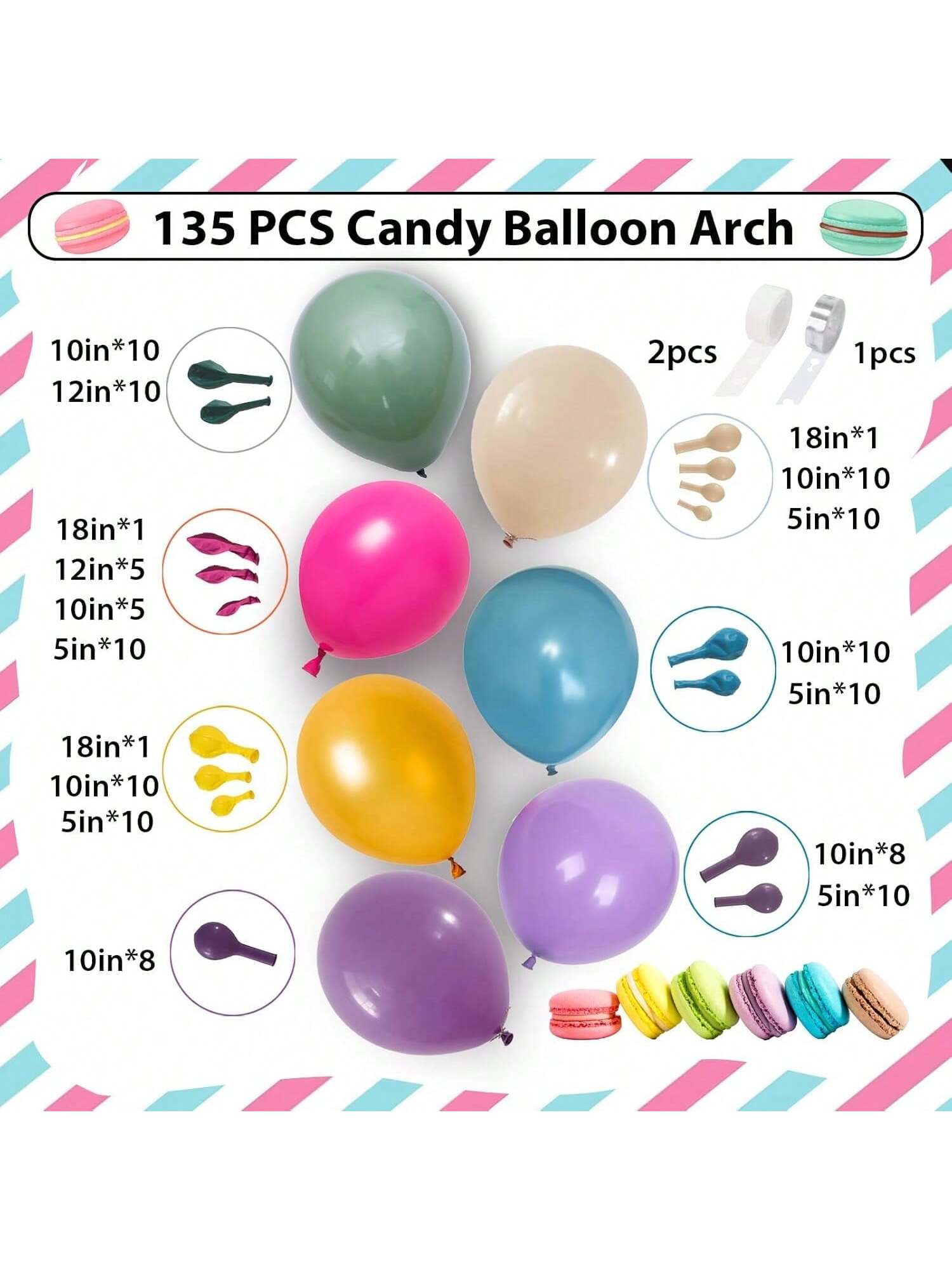 Retro Balloon Arch Kit 135 pcs Hot Pink Blue Purple Green Yellow Party Decor