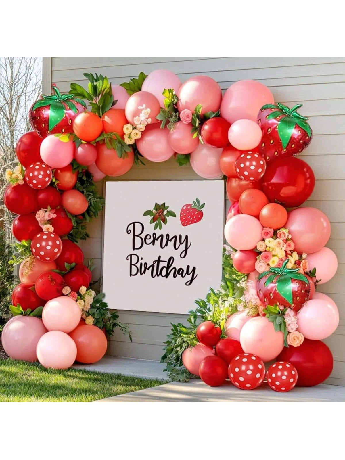Double-Stuffed Strawberry Balloon Arch Kit Pastel Red Pink Coral Balloons