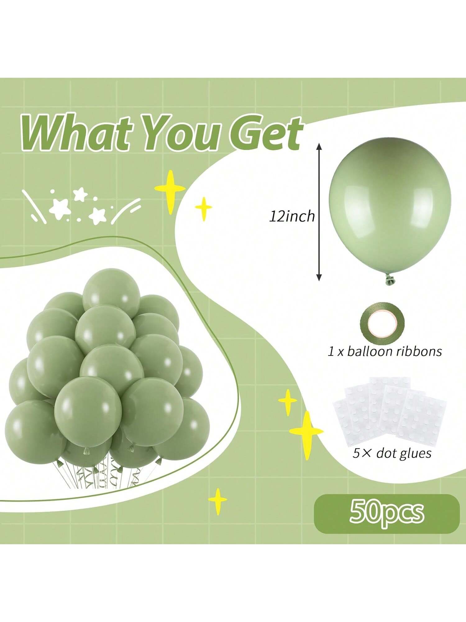 50 Pc 12 Inch Sage Green Matte Balloons with Ribbon for Wedding Baby Shower Parties