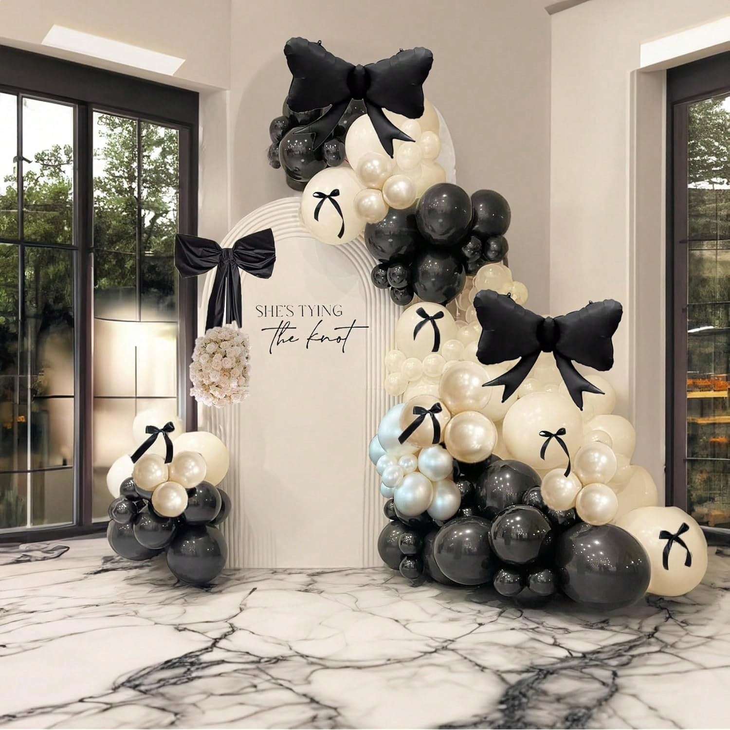 122PCS Black Ivory Double-Stuffed Pearl Balloons with Bow Foil Party Decor