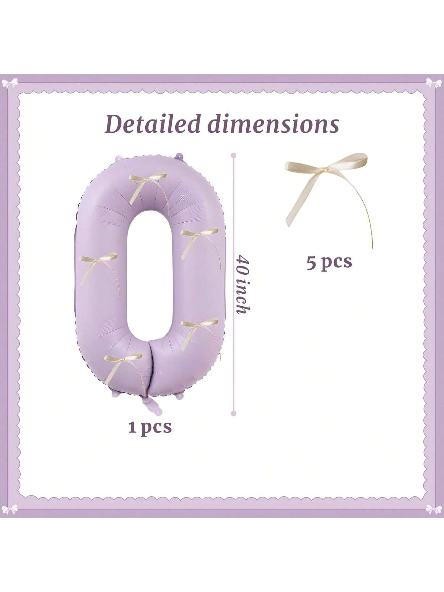 40 Inch Cream and Purple Number 0 Balloon with Ribbon Bow for Birthday or Party