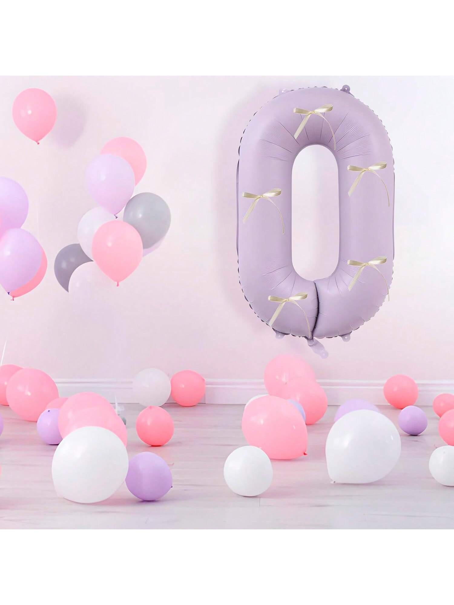 40 Inch Cream and Purple Number 0 Balloon with Ribbon Bow for Birthday or Party