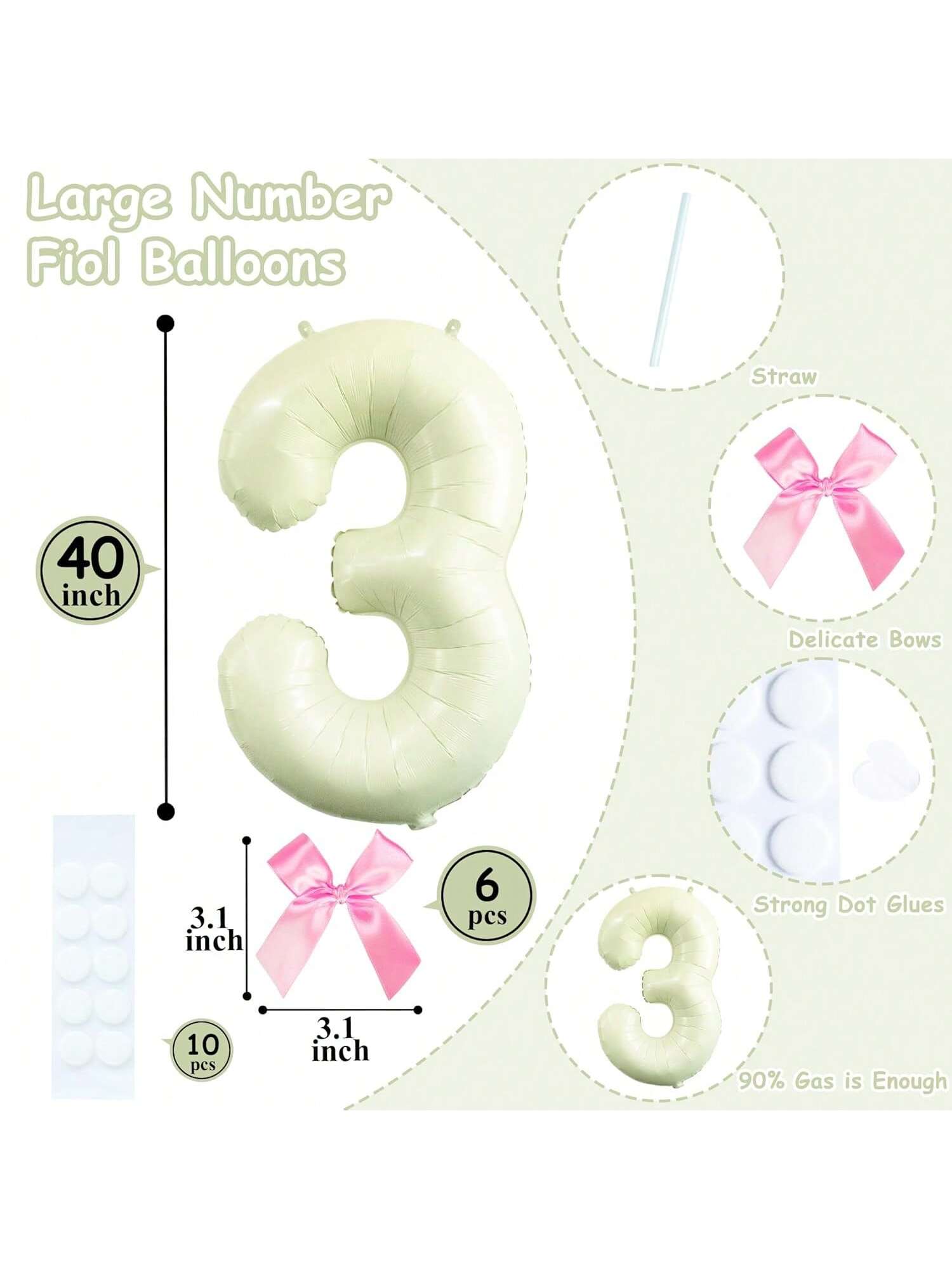 40 Inch Beige White Number 3 Balloon with Pink Bows for Birthday or Anniversary