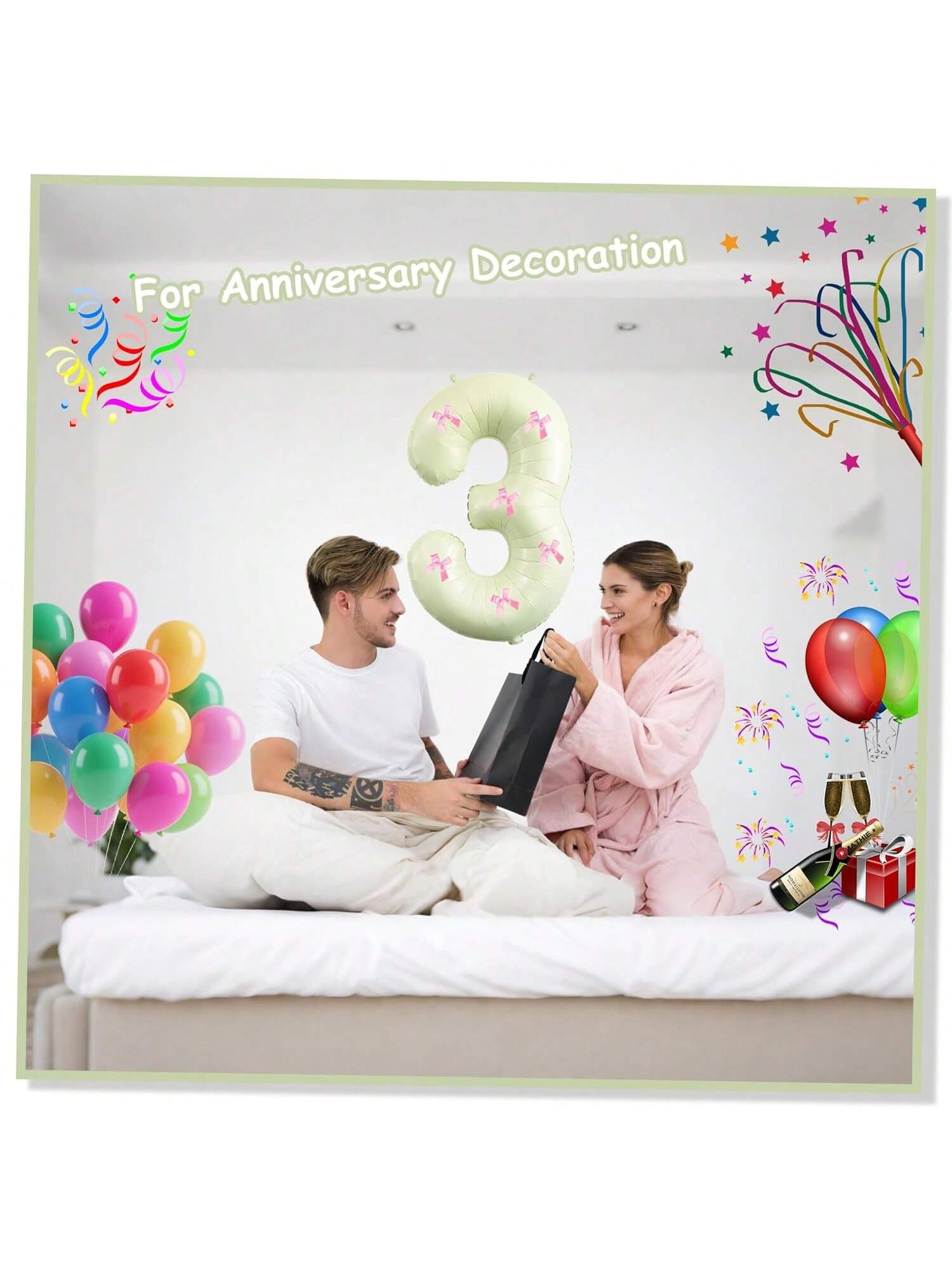 40 Inch Beige White Number 3 Balloon with Pink Bows for Birthday or Anniversary
