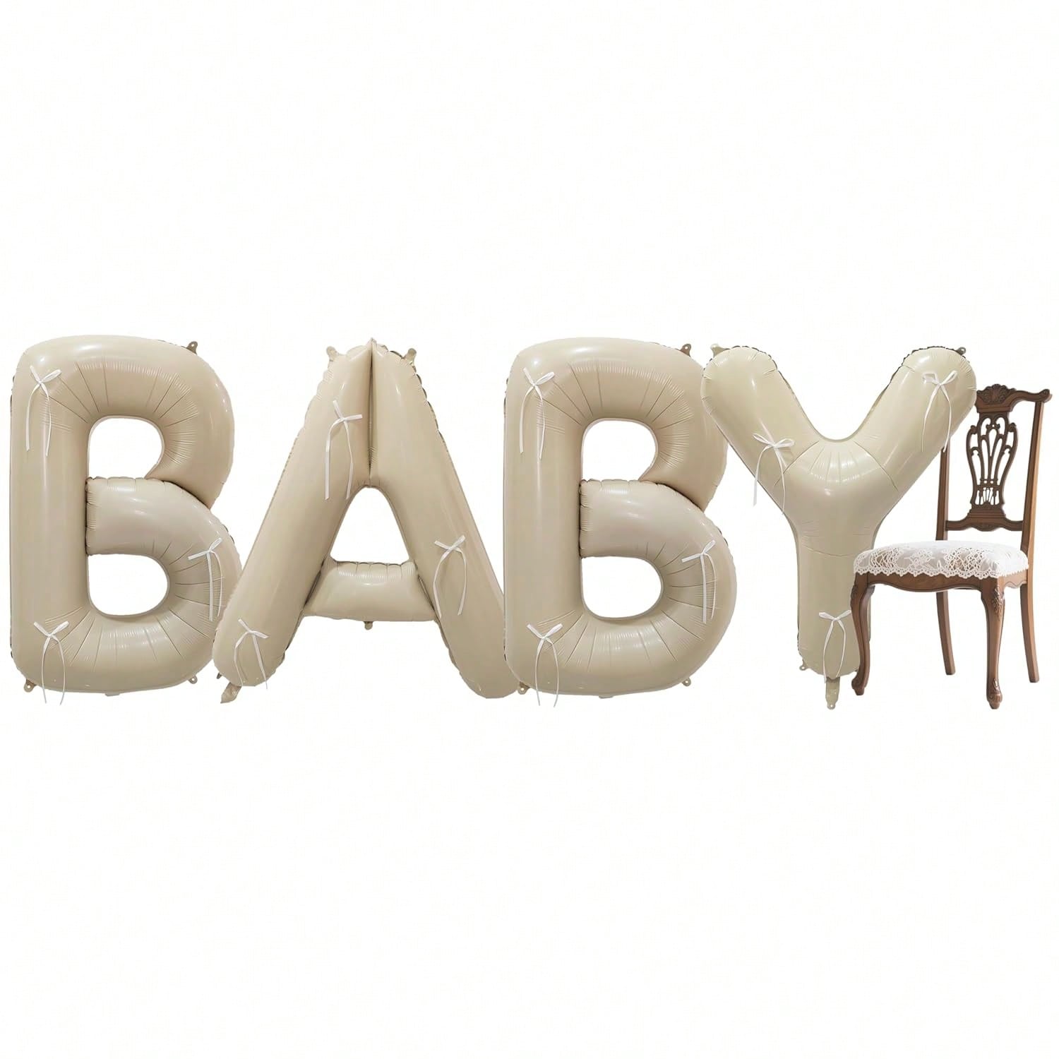 40-Inch Cream White BABY Foil Balloons with Bows for Baby Showers and Gender Reveals
