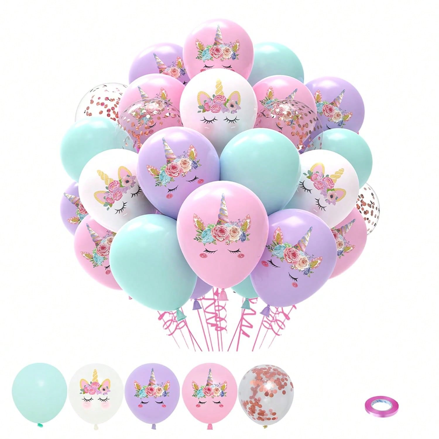 51PCS Unicorn Pastel Balloons Pink Purple White Confetti Party Decor