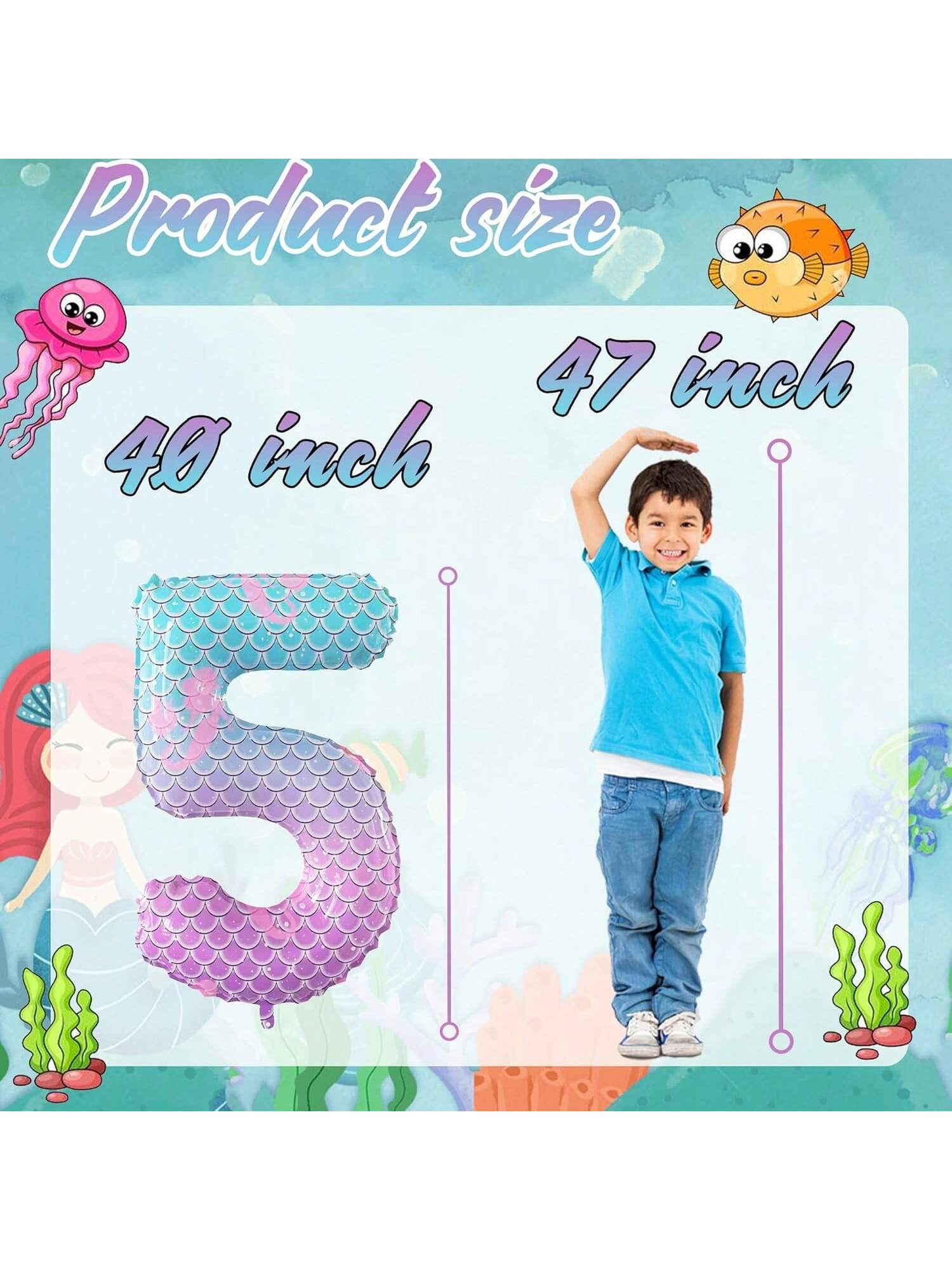 40-Inch Purple Blue Fish Scale Number 5 Balloon for Kids Birthday or Party