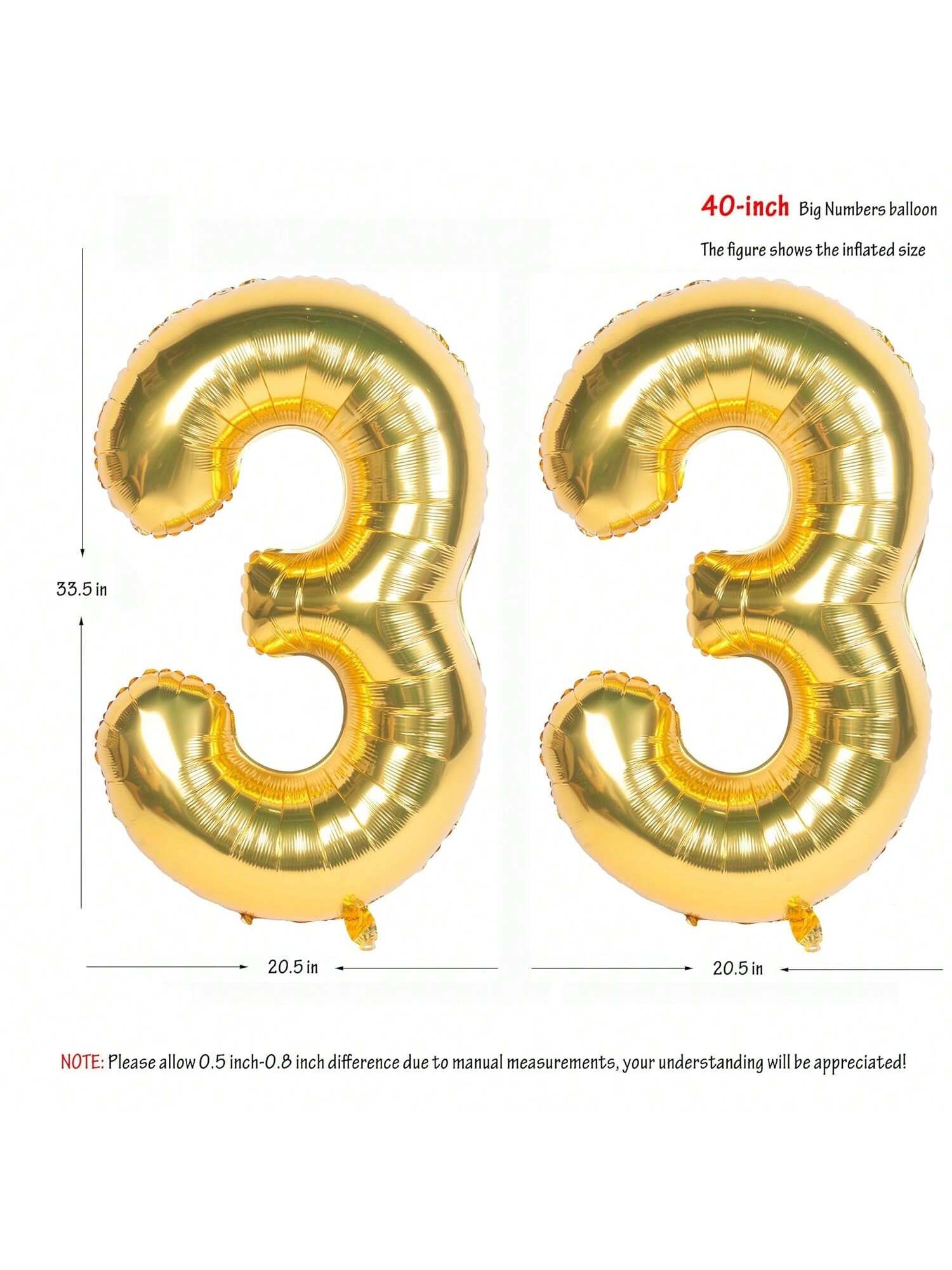 40" Gold Number 33 Helium Foil Balloon For Birthday Party And Banquet Decorations