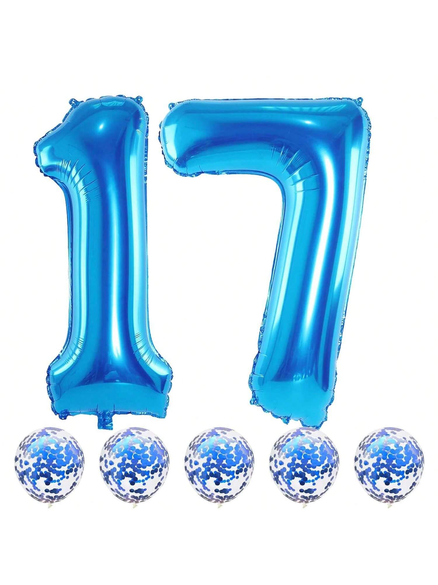 40-Inch Blue Foil Number 17 Balloon with Confetti for Birthday or Anniversary
