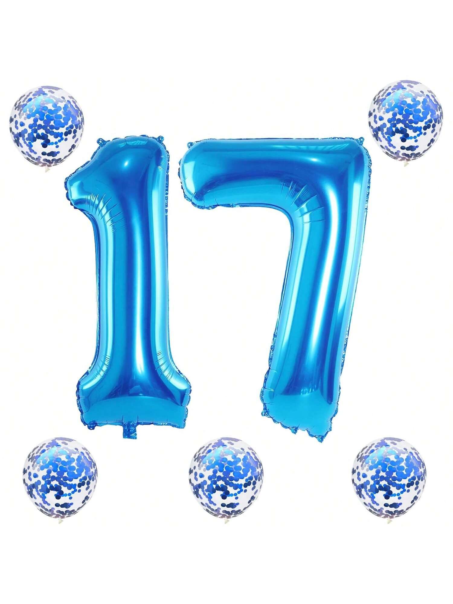 40-Inch Blue Foil Number 17 Balloon with Confetti for Birthday or Anniversary
