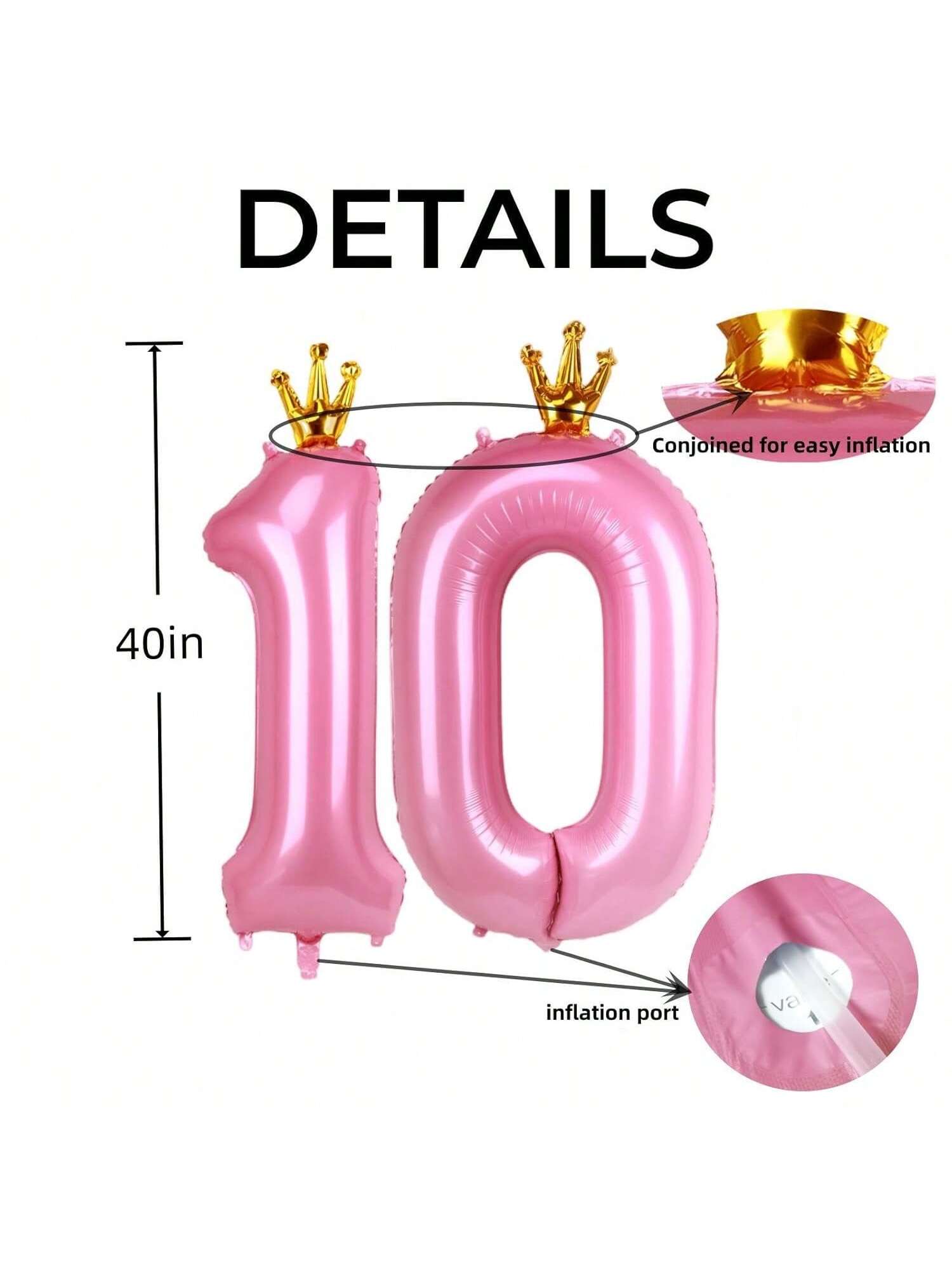 40-Inch Pink Number 10 Foil Balloon with Crown for Girls 10th Birthday or Party