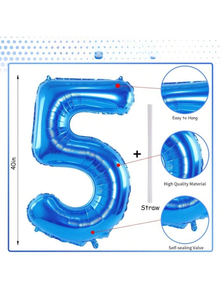 40 Inch Blue Number 5 Foil Balloon for Birthday and Anniversary Decor