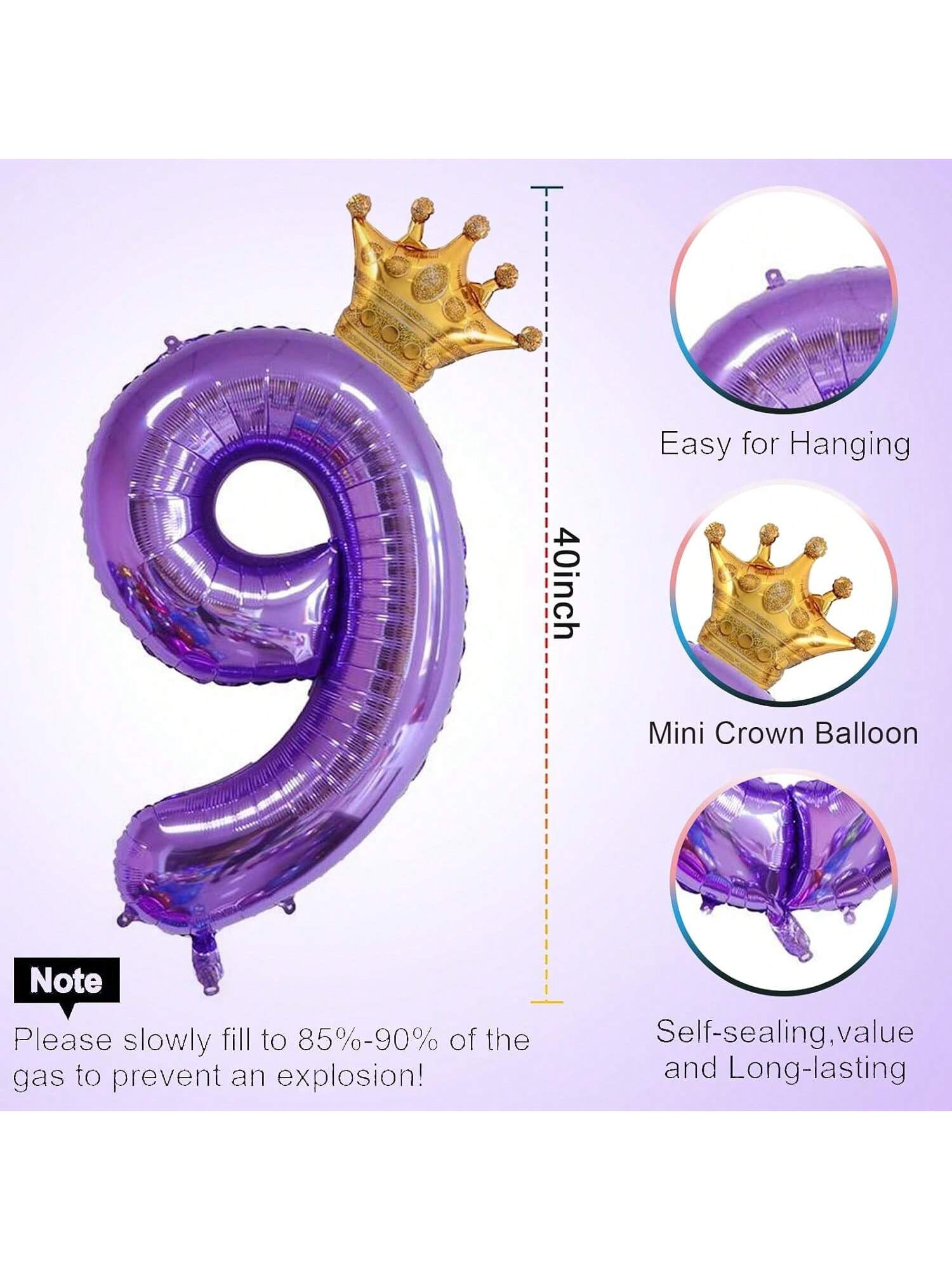 40-Inch Purple Number 9 Balloon with Mini Crown for 9th Birthday Party
