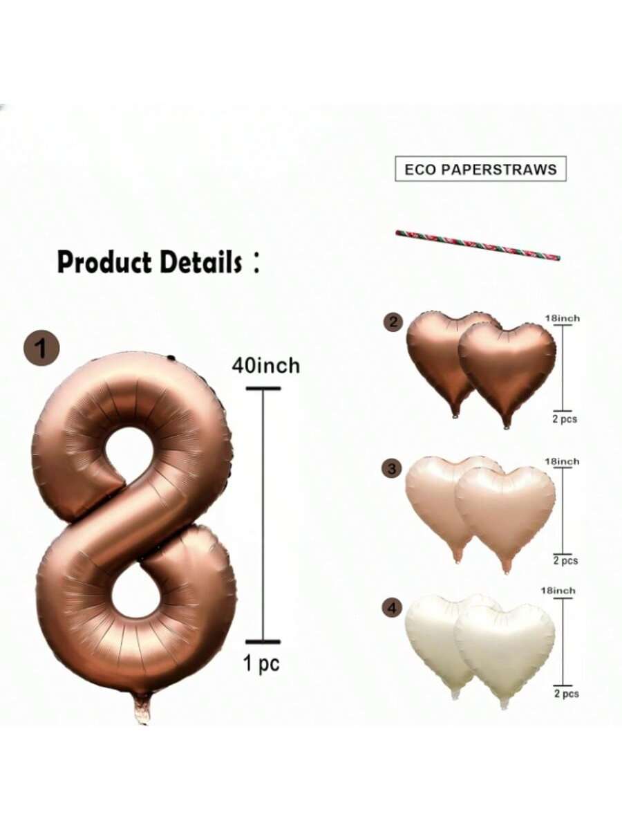 40-Inch Brown Number 8 Foil Balloon with Hearts for 8th Birthday Party