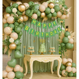 Sage Green and Gold Birthday Decorations with Banner, Balloons, and Cake Topper