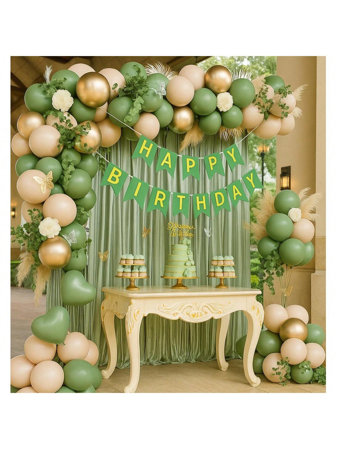 Sage Green and Gold Birthday Decorations with Banner, Balloons, and Cake Topper