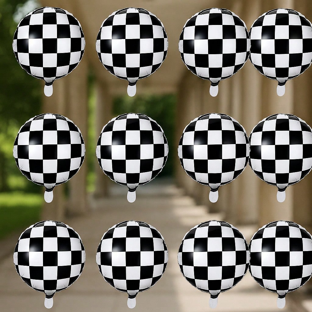 12 Pc 18 Inch Black and White Checkered Foil Balloons for Racing Party Decor