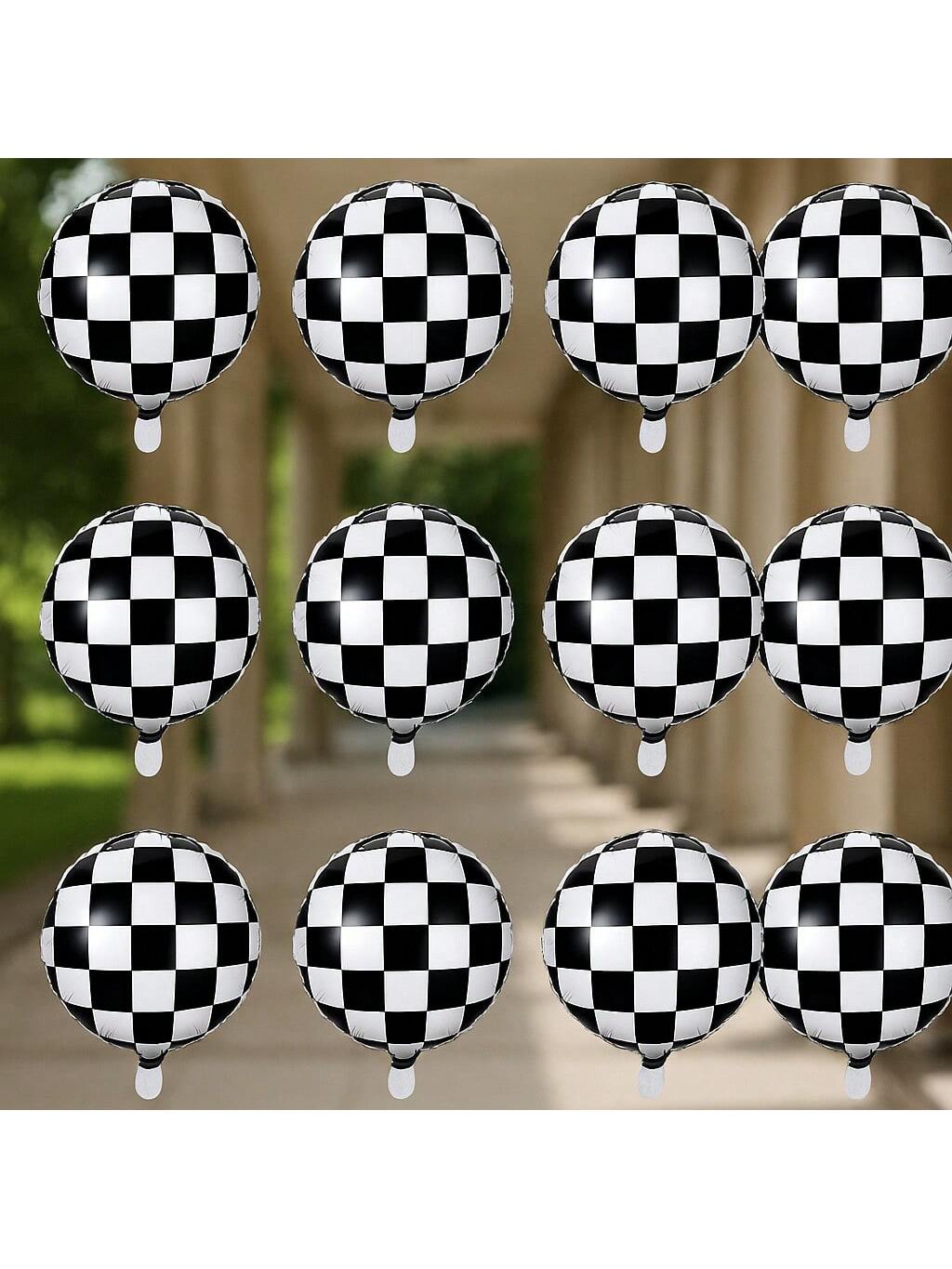 12 Pc 18 Inch Black and White Checkered Foil Balloons for Racing Party Decor