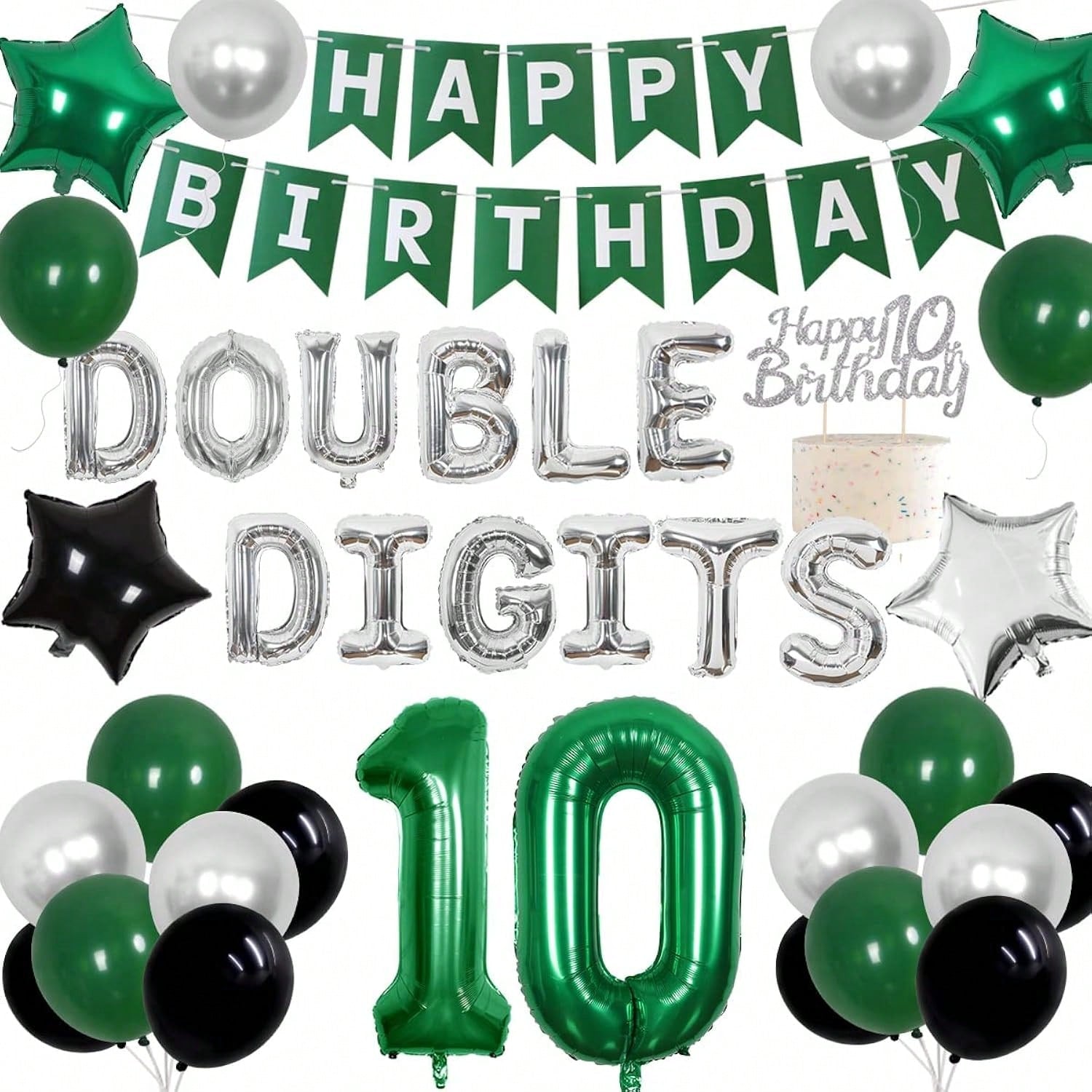 10th Birthday Decorations Green Double Digit Banner Cake Topper