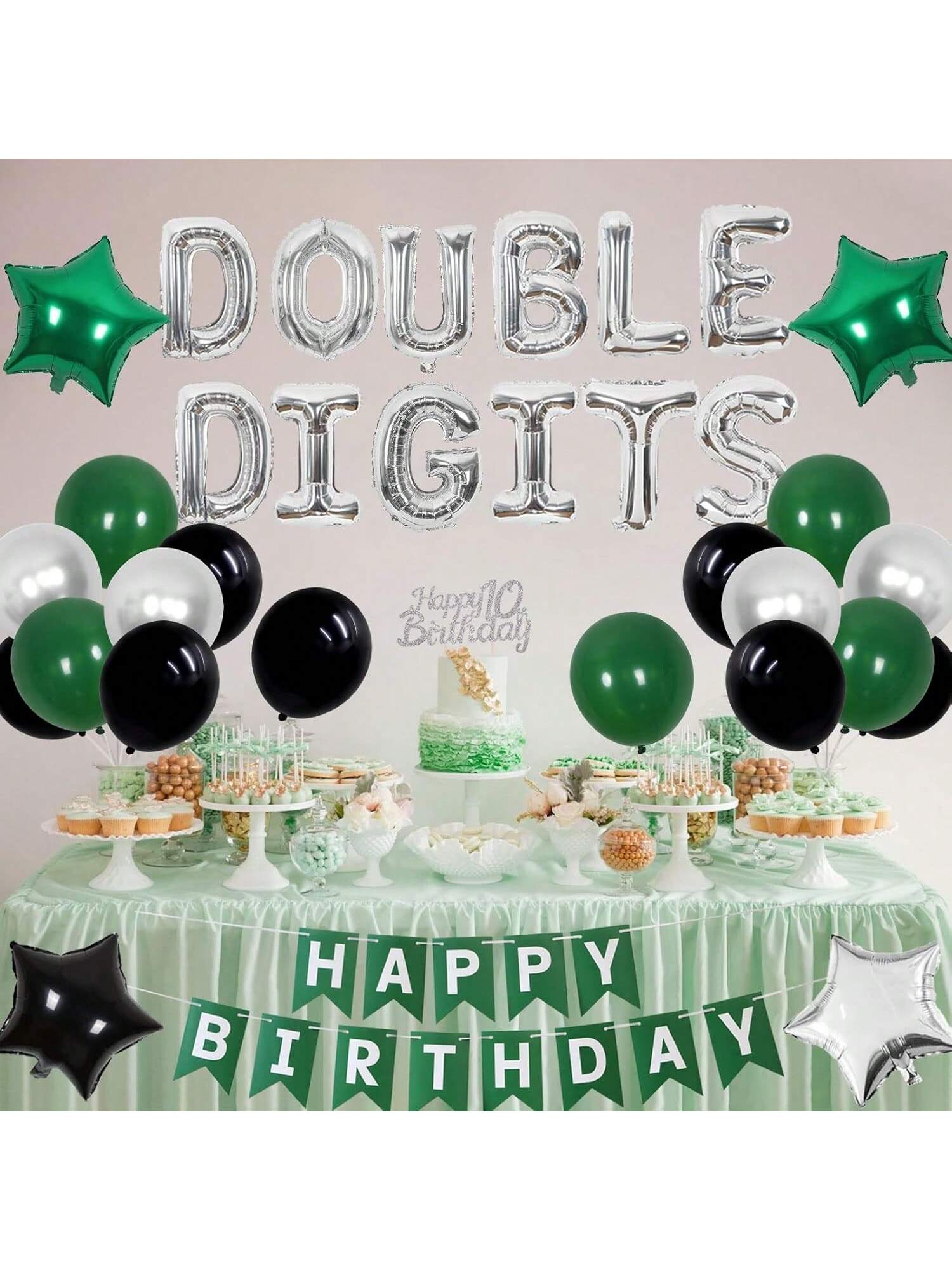 10th Birthday Decorations Green Double Digit Banner Cake Topper