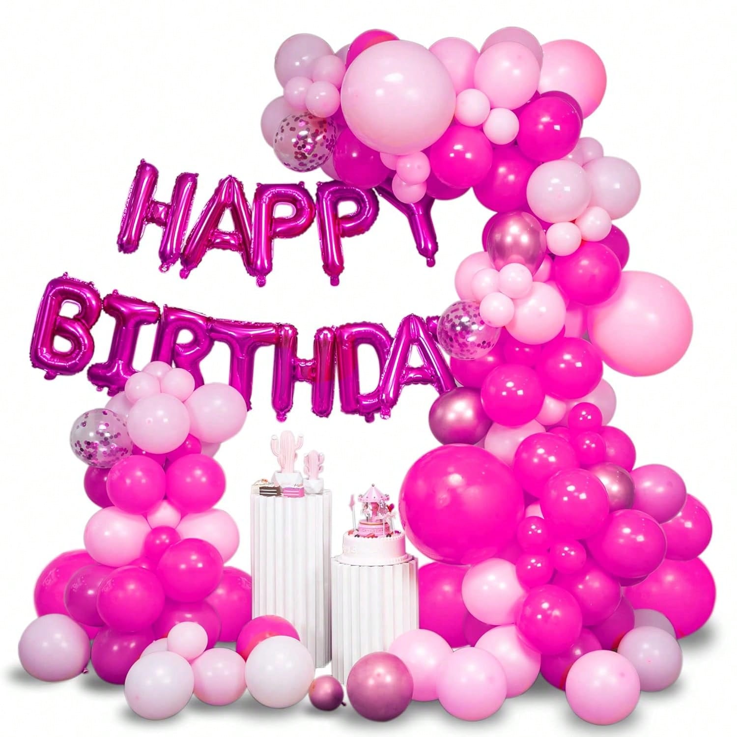 141-Pc Pink Happy Birthday Balloon Garland Kit with Fuchsia and Confetti Balloons