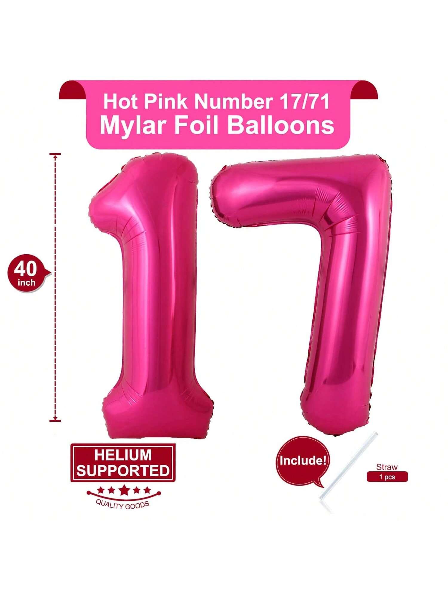 40 Inch Hot Pink Number 17 Balloon for 17th Birthday and Party Decorations