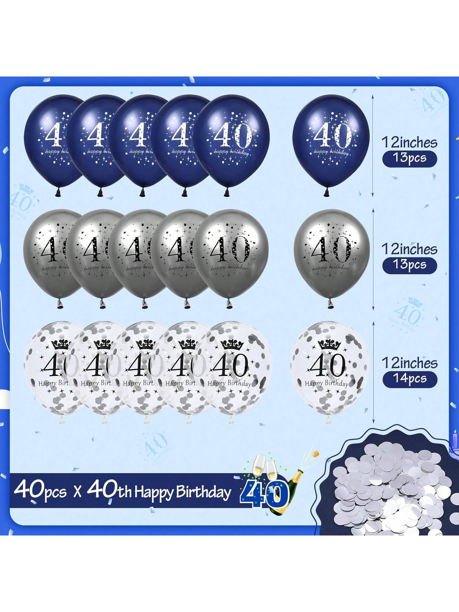 40PCS Navy Blue Silver 40th Birthday Latex Balloons Party Anniversary Decor