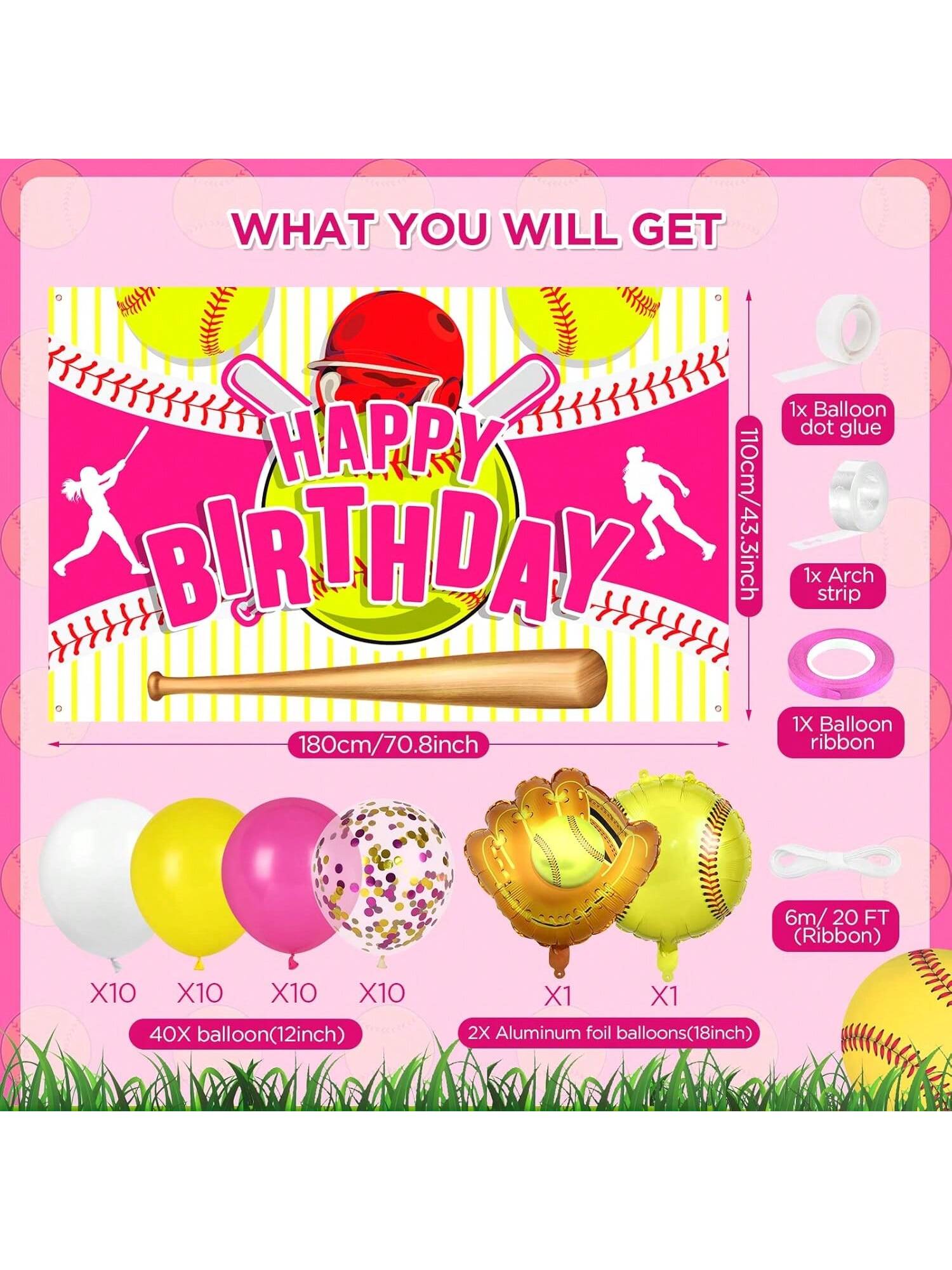 43PCS Softball Banner & 42PCS Balloons Garland Kit Sport Birthday Decor