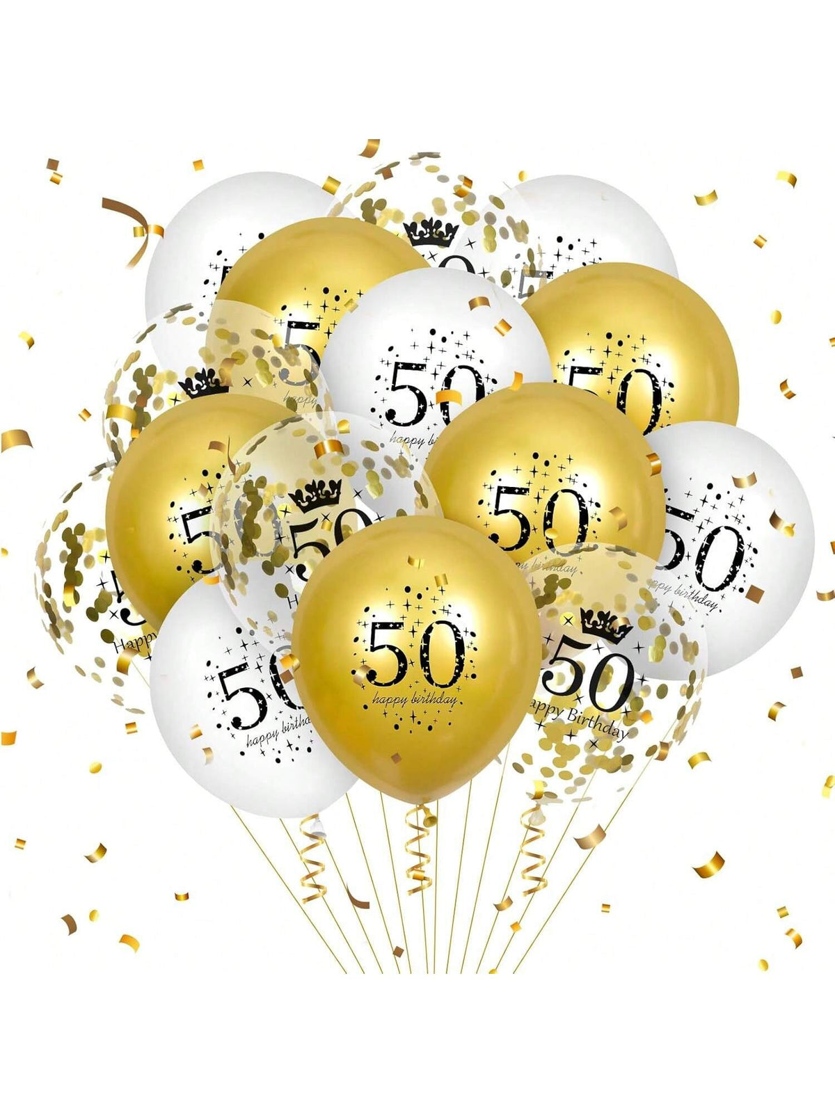 50th Birthday Balloon Set 15-Piece White Gold Confetti 12-Inch for Party Decor