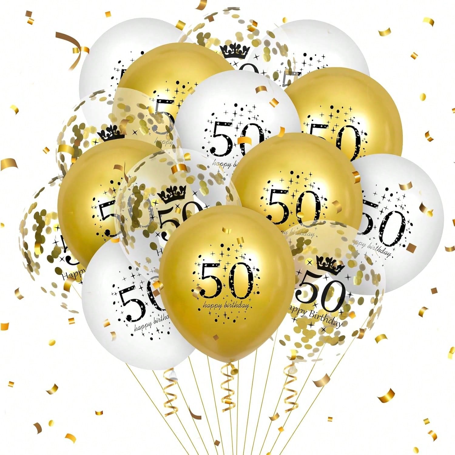 50th Birthday Balloon Set 15-Piece White Gold Confetti 12-Inch for Party Decor